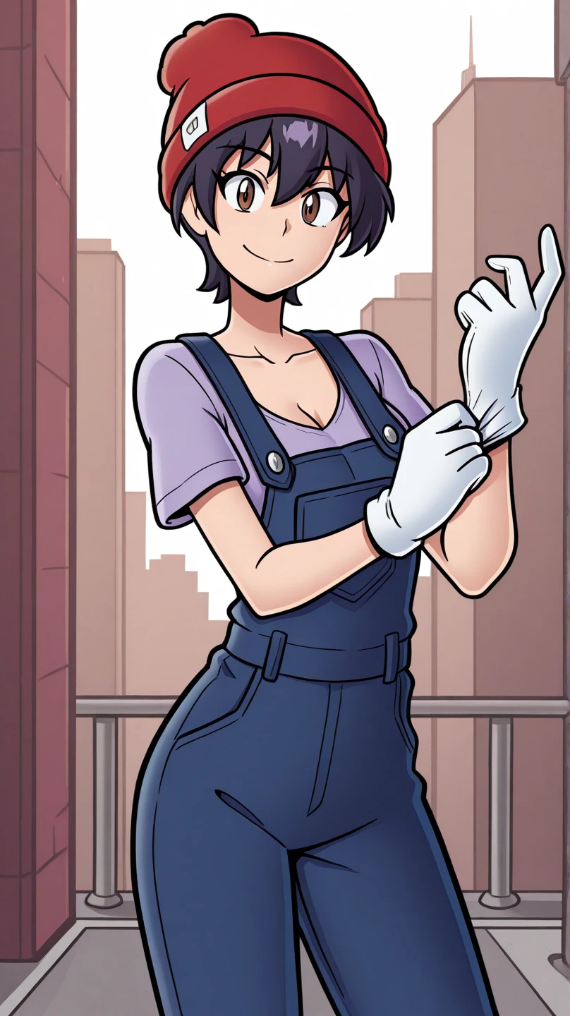 masterpiece, best quality, cowboy shot, solo, 1girl, izumo fuuko, smile, looking at viewer, adjusting gloves, short hair, black hair, hair between eyes, red headwear, beanie, brown eyes, two-tone, dark purple shirt, blue overalls, short sleeves, white gloves, collarbone, cleavage, outdoors, city
