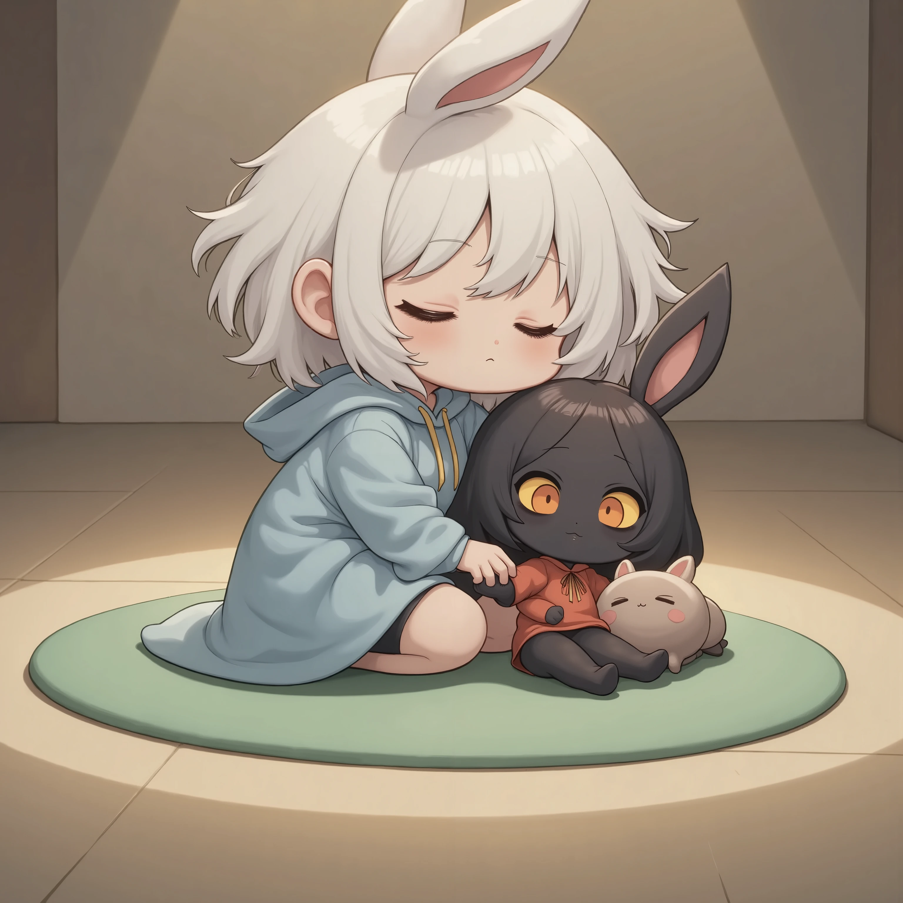 Chibi Style, flat colors, best quality, rabbit-girl\(trk) and dark-girl\(hzk), closed eyes, peaceful expression, sleeping, blue hoodie, small rabbit plush, green tatami mat, cozy atmosphere, warm indoor lighting, soft outlines, relaxed and tranquil mood
