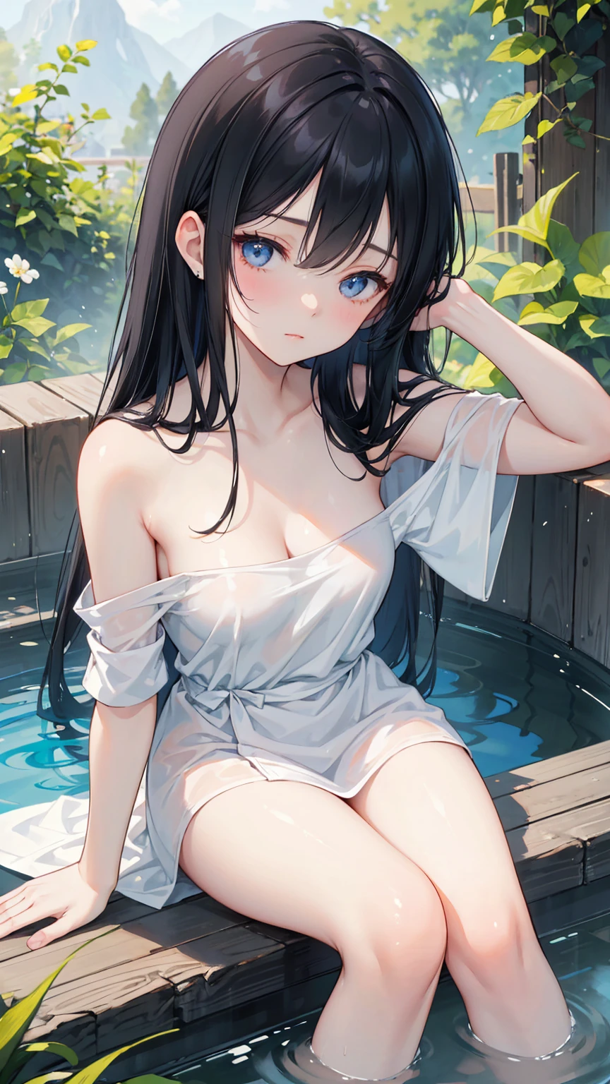 SAUNA,sitting,spread legs,(fellatio gesture),(floating in water),(soaked),(clothed:1.5),baggy t-shirt,(see through),lace swimsuit,(Thin type:1.5),(large breasts),(random hairstyle:1.2),(Highest image quality, (8K), Ultra-realistic, Best Quality, High quality, High Definition, high quality texture, high detailing, Beautiful detailed, fine detailed, extremely details CG, Detailed texture, realistic representation of face, masterpiece, presence)