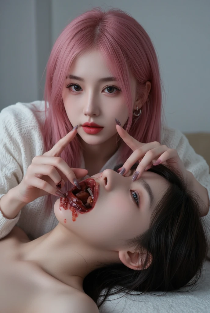 4k, ultra detail, high quality, beautiful korean idol girl with long sharp fingernails, pink hair, severed boy head with fine hair with throat and eyes ripped, extreme gore, blood, gore. side view