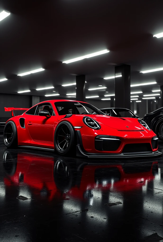  Generate a surrealistic image a 3D image in raw format in 16k , hdr,  uhd style in high definition ,  very high quality ,  that is an automotive masterpiece of a living room of a shiny museum in black ceramic floor in tinted white with a Porsche 911 Carrera in the right rear view, attached to the ground , wide tires in bright red color ,  tinted glasses ,  with carbon fiber in the complete body taken with a professional camera in 8k in cinema mode in hdr-10  