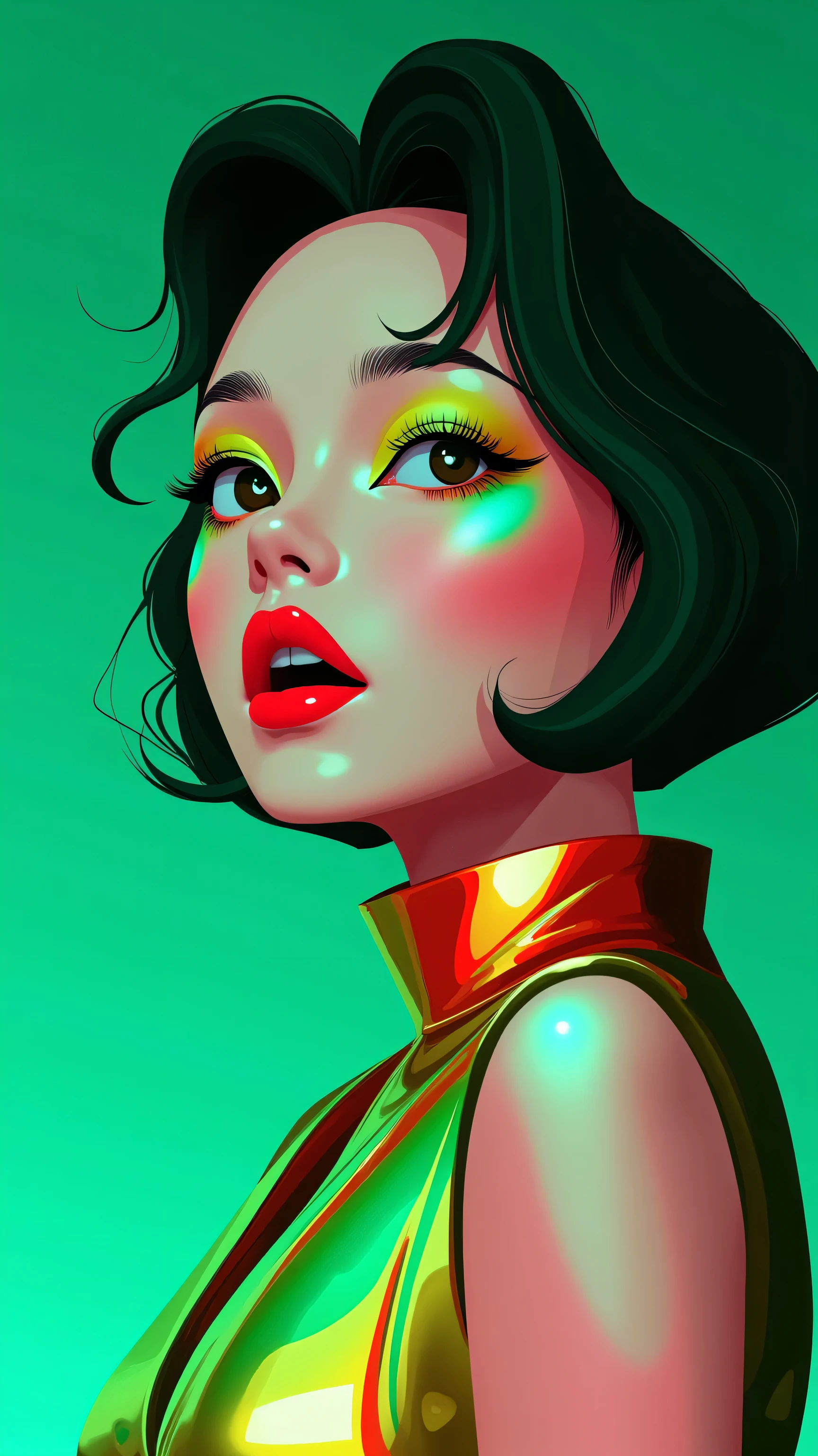 80’s glam rock makeup on shiny face, asian girl, anime, 2.5D, moody lighting, (green, pink, gold), pretty, sexy, minimal, sleek, slender, asian, elegant, futuristic, retro, sophisticated half human half machine, mouth open wide, Kizi，(eyes looking off to side), Highly detailed, Amazing work，Vitreous luster, blues, yellows, Best quality at best，shiny skin, no background, colorful background, green background, pink background, gold, background, plunging neckline, sexy pose, dynamic pose, heavy blushing, huge breasts, cleavage, full body, thigh highs, 