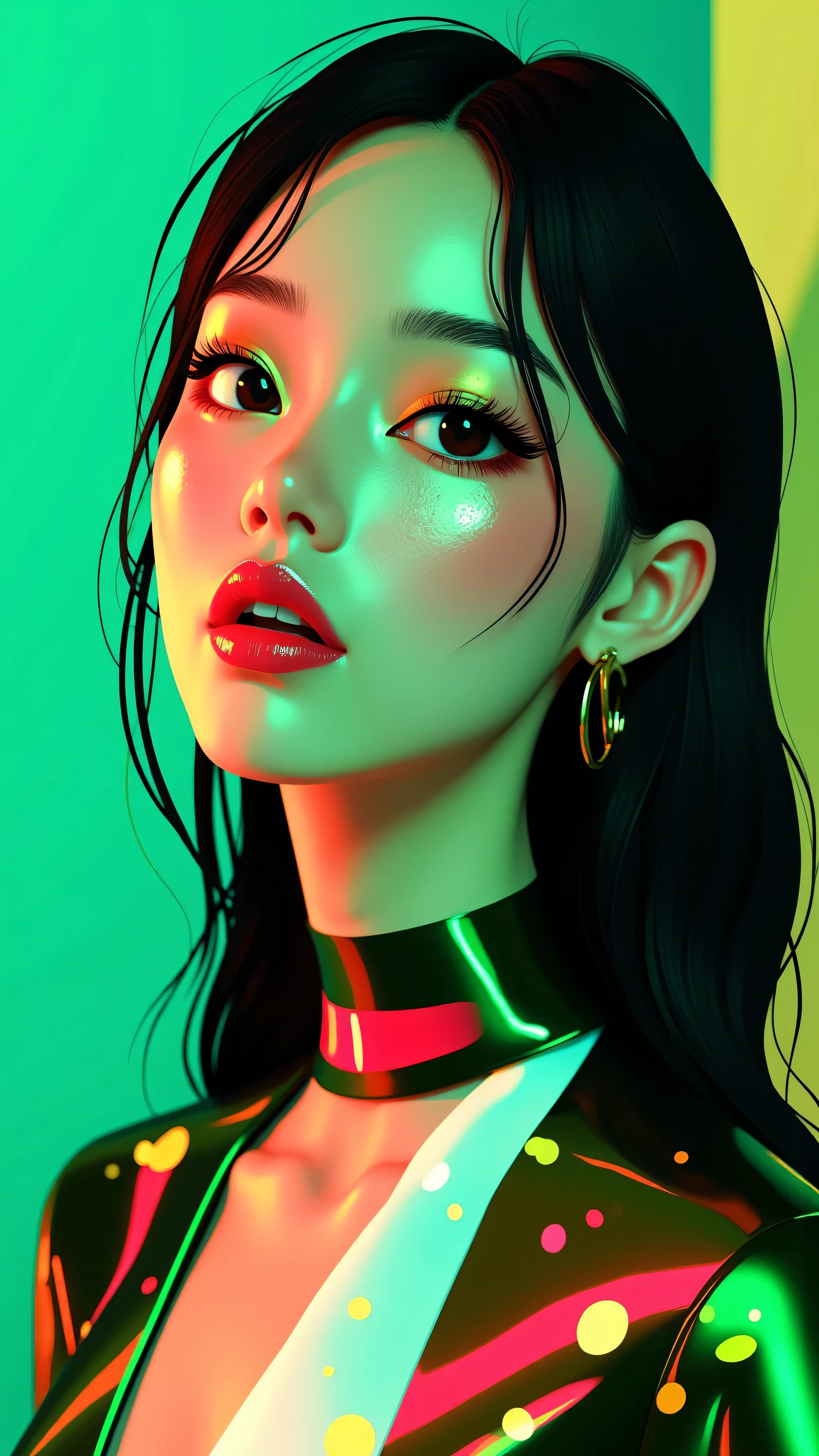 80’s glam rock makeup on shiny face, asian girl, anime, 2.5D, moody lighting, (green, pink, gold), pretty, sexy, minimal, sleek, slender, asian, elegant, futuristic, retro, sophisticated half human half machine, mouth open wide, Kizi,(eyes looking off to side), Highly detailed, Amazing work,Vitreous luster, blues, yellows, Best quality at best,shiny skin, no background, colorful background, green background, pink background, gold, background, plunging neckline, sexy pose, dynamic pose, heavy blushing, huge breasts, cleavage, full body, thigh highs,