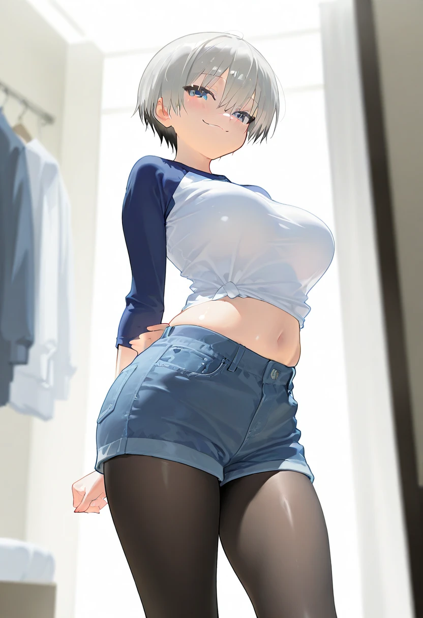 Masterpiece,  best quality ,  great quality,  very aesthetic,  That&#39;s ridiculous., up to date, scenery,  volumetric lighting,  depth of field,  Shiny Skin, stare at viewers,
 from the side 1 girl , Uzaki Hana,  smirking ,smile,  smirking ing ,Please show off your chest by rolling up your clothes with your amazing huge ,  white shirt,  raglan sleeve,   long sleeve  ,  black pantyhose,  black legwear,  denim shorts, indoor,  dressing room ,
Masterpiece,  best quality ,  great quality,  very aesthetic,  That&#39;s ridiculous., up to date, scenery,(delicate),big胸,(Round Breasts:1.1),(Low Rise:1.3),(big ,big hips),(Jump :1.4),( soft breasts),( raising shirt :1.2),(:1.2),  slender stomach ,( dynamic angle),the above, show off your bra , Cleveland ,(  Please roll up your clothes with your hands and show off your chest)