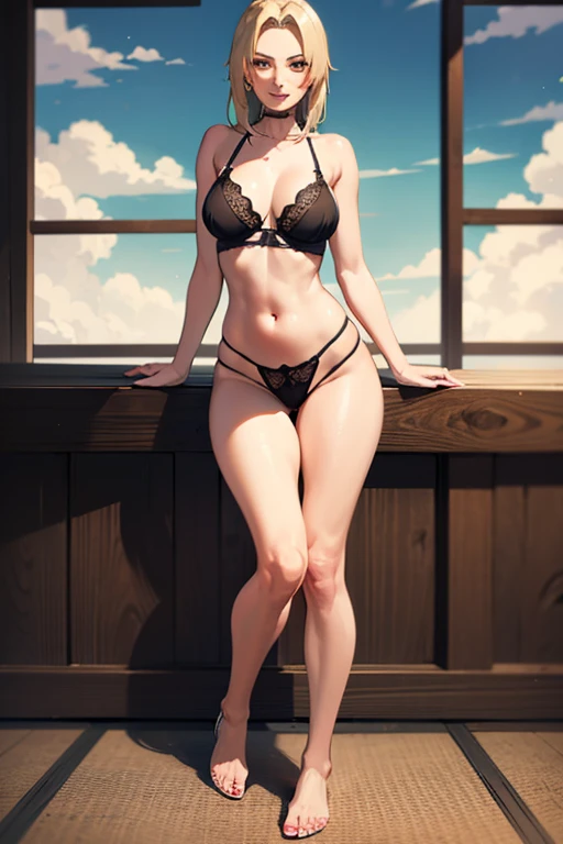 Tsunade Senju by Naruto Shippuden,   black lingerie,  in front of the viewer ,   looking forward  ,   looking at the spectator, standing,  full body,  perfect hands , perfect feet