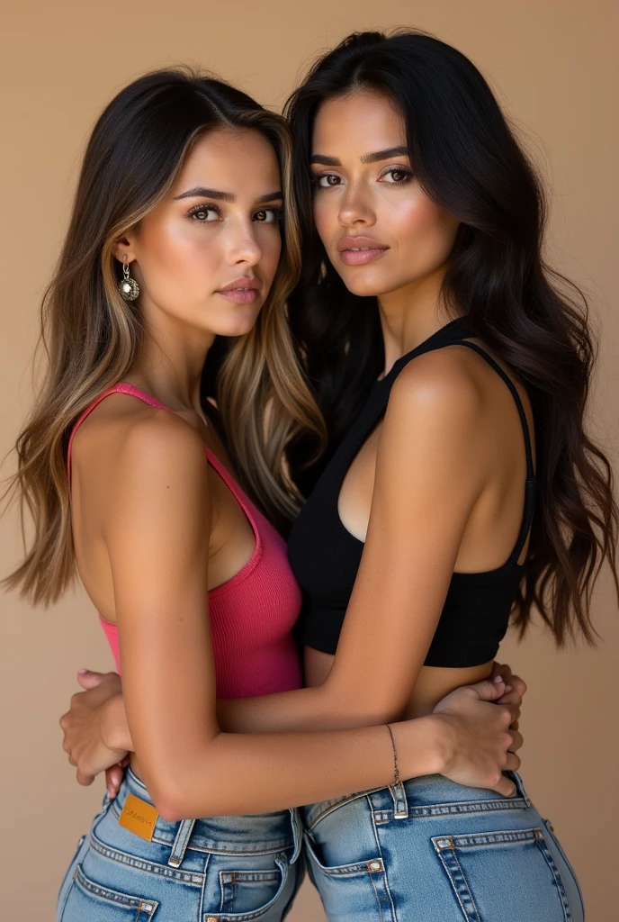 A beautiful Instagram model, long black hair, wearing a beautiful outfit , full body view, ((big boobs)), (hourglass figure), (white girl), detailed face, beautiful eyes, luscious lips, cinematic lighting, photorealistic, highres, 8k, (best quality:1.2), (realistic:1.37) , full body view , with her friend, brown hair , two girls , outside