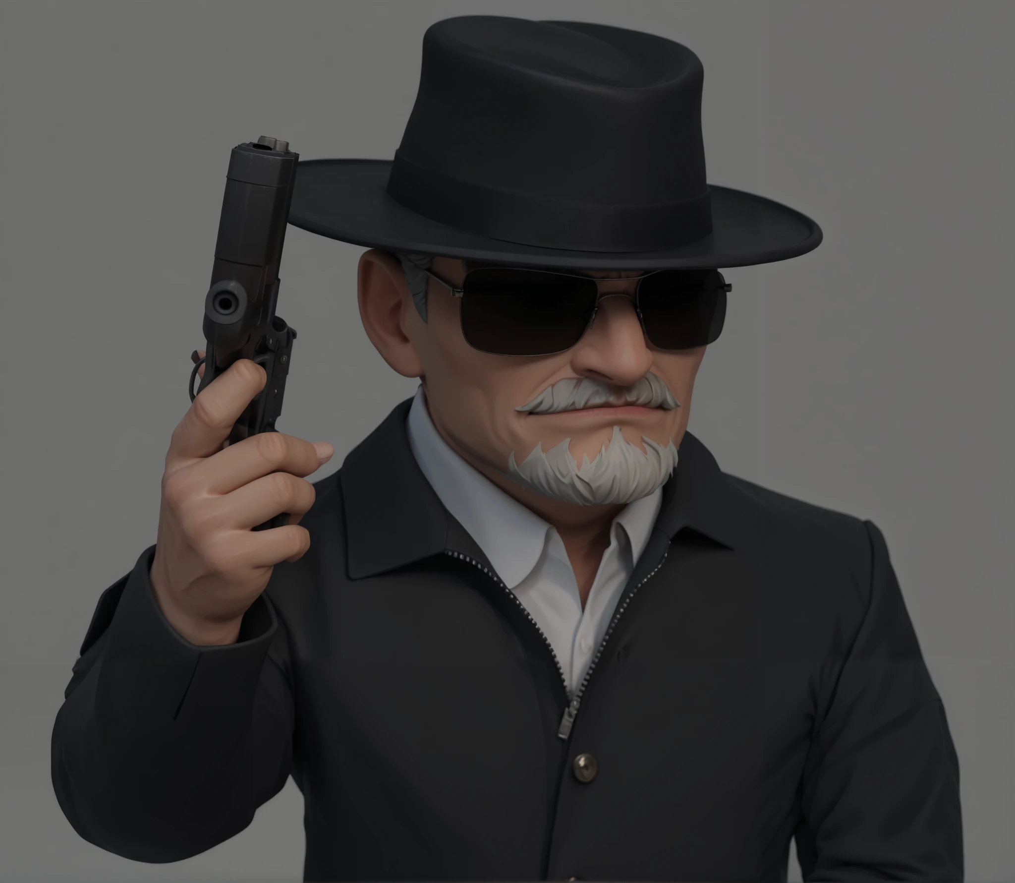 cartoon character, image of the Italian mafia boss,Mafia Boss,Wearing a wide-brimmed hat,Wearing sunglasses,White beard, wearing a white shirt , black leather jacket ,Leather Jacket,Raise your left hand, with a handgun in your hand, serious and ferocious ,Angry and ferocious ,UE5 Rendering,3D Rendering,Cartoon shading,3D Model