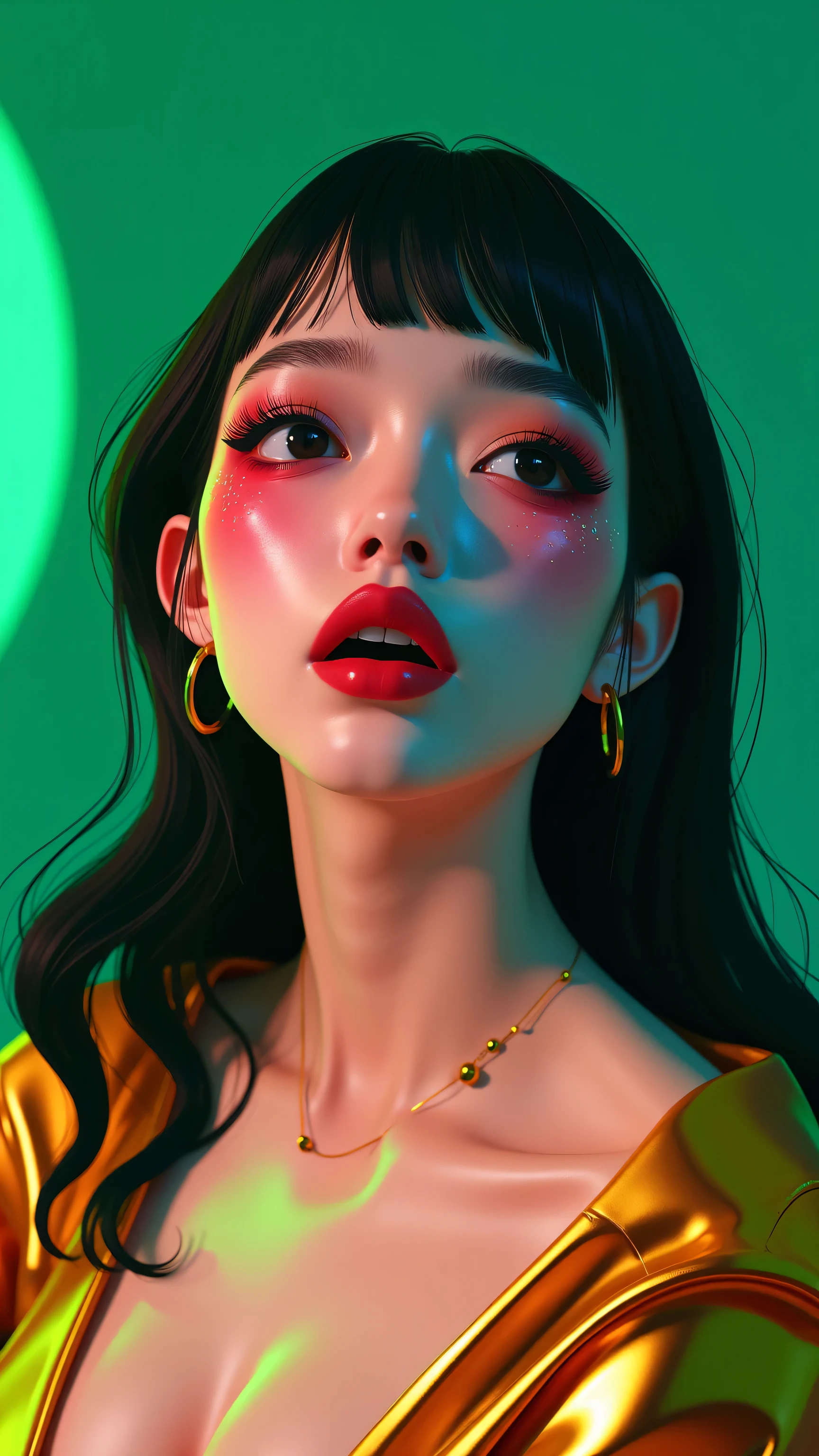 80’s glam rock makeup on shiny face, asian girl, anime, 2.5D, moody lighting, (green, pink, gold), pretty, sexy, minimal, sleek, slender, asian, elegant, futuristic, retro, sophisticated half human half machine, mouth open wide, Kizi，(eyes looking off to side), Highly detailed, Amazing work，Vitreous luster, blues, yellows, Best quality at best，shiny skin, no background, colorful background, green background, pink background, gold, background, plunging neckline, sexy pose, dynamic pose, heavy blushing, huge breasts, cleavage, full body, thigh highs, 