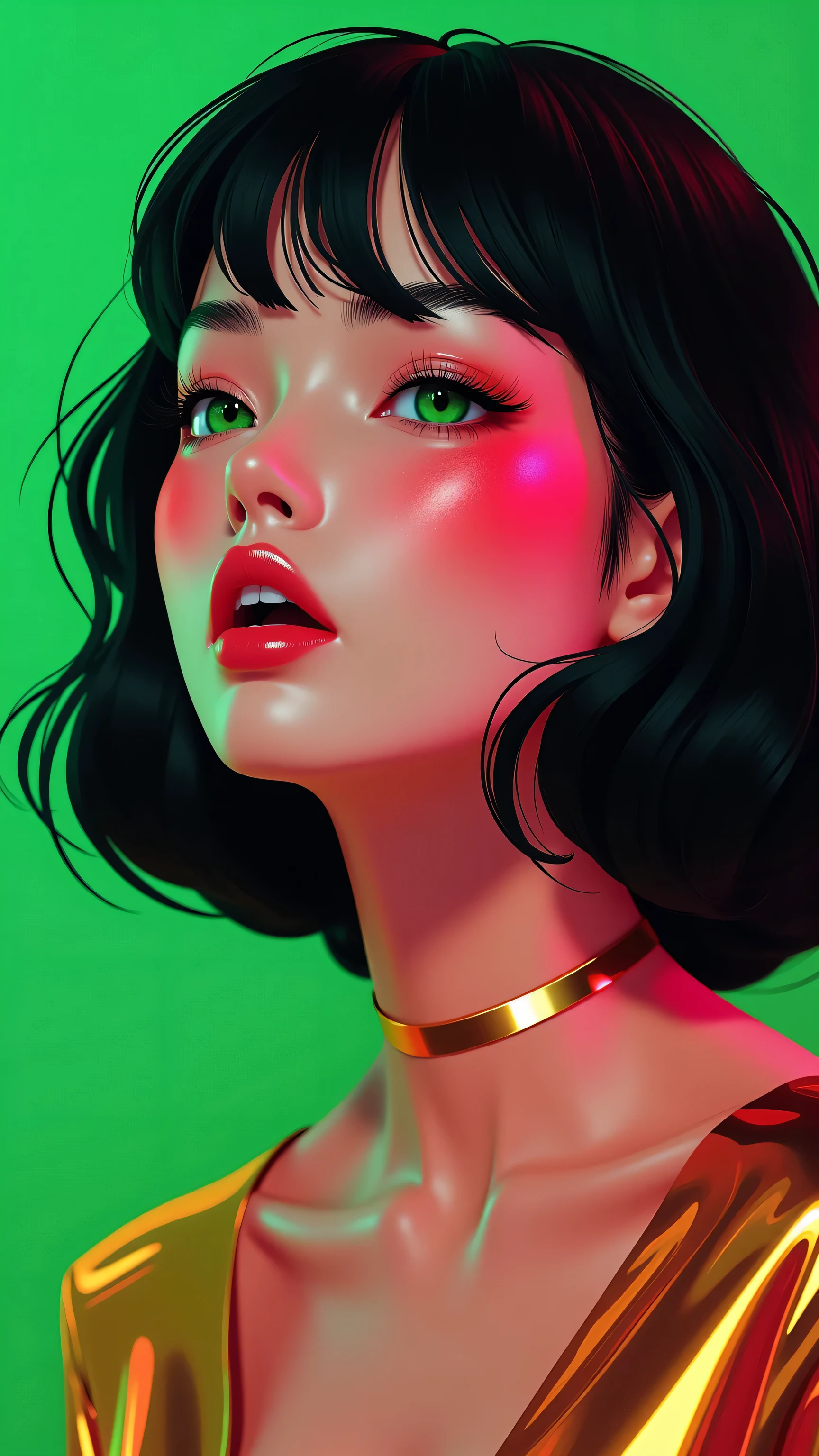 80’s glam rock makeup on shiny face, asian girl, anime, 2.5D, moody lighting, (green, pink, gold), pretty, sexy, minimal, sleek, slender, asian, elegant, futuristic, retro, sophisticated half human half machine, mouth open wide, Kizi，(eyes looking off to side), Highly detailed, Amazing work，Vitreous luster, blues, yellows, Best quality at best，shiny skin, no background, colorful background, green background, pink background, gold, background, plunging neckline, sexy pose, dynamic pose, heavy blushing, huge breasts, cleavage, full body, thigh highs, 