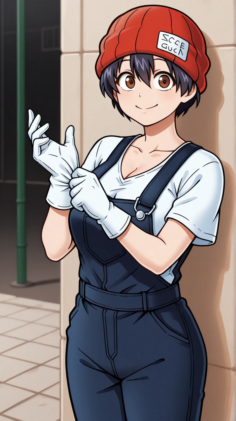 masterpiece, best quality, cowboy shot, solo, 1girl, izumo fuuko, smile, looking at viewer, adjusting gloves, short hair, black hair, hair between eyes, red headwear, beanie, brown eyes, two-tone, dark purple shirt, blue overalls, short sleeves, white gloves, collarbone, cleavage, outdoors, city
