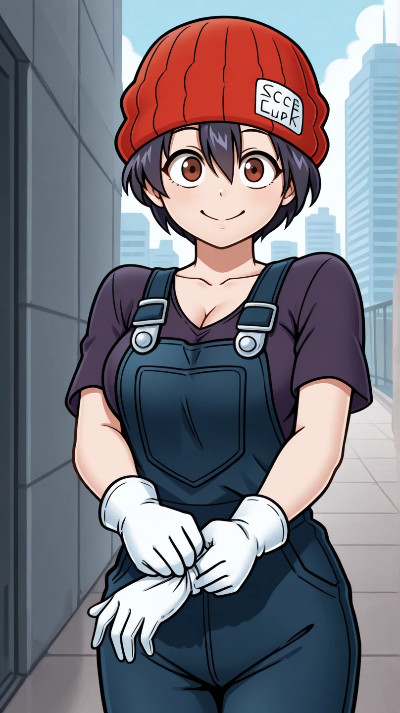 masterpiece, best quality, cowboy shot, solo, 1girl, izumo fuuko, smile, looking at viewer, adjusting gloves, short hair, black hair, hair between eyes, red headwear, beanie, brown eyes, two-tone, dark purple shirt, blue overalls, short sleeves, white gloves, collarbone, cleavage, outdoors, city
