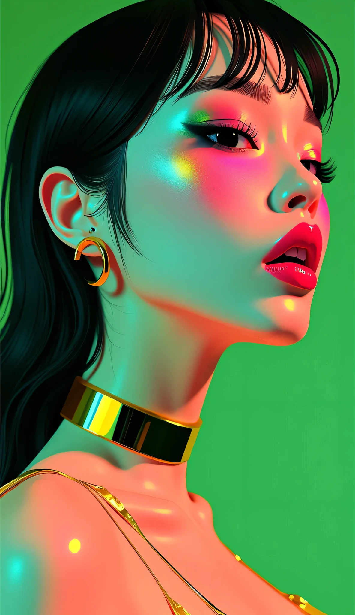80’s glam rock makeup on shiny face, asian girl, anime, 2.5D, moody lighting, (green, pink, gold), pretty, sexy, minimal, sleek, slender, asian, elegant, futuristic, retro, sophisticated half human half machine, mouth open wide, Kizi，(eyes looking off to side), Highly detailed, Amazing work，Vitreous luster, blues, yellows, Best quality at best，shiny skin, no background, colorful background, green background, pink background, gold, background, plunging neckline, sexy pose, dynamic pose, heavy blushing, huge breasts, cleavage, full body, thigh highs, 