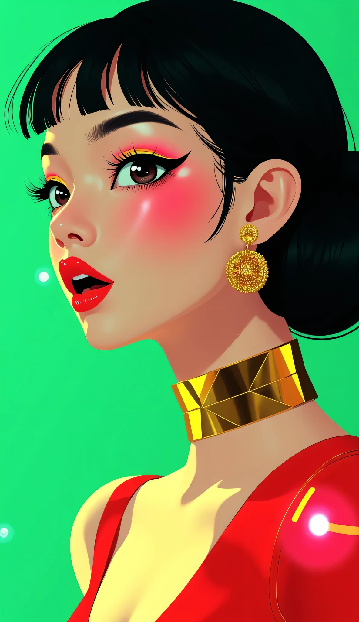 80’s glam rock makeup on shiny face, asian girl, anime, 2.5D, moody lighting, (green, pink, gold), pretty, sexy, minimal, sleek, slender, asian, elegant, futuristic, retro, sophisticated half human half machine, mouth open wide, Kizi,(eyes looking off to side), Highly detailed, Amazing work,Vitreous luster, blues, yellows, Best quality at best,shiny skin, no background, colorful background, green background, pink background, gold, background, plunging neckline, sexy pose, dynamic pose, heavy blushing, huge breasts, cleavage, full body, thigh highs,