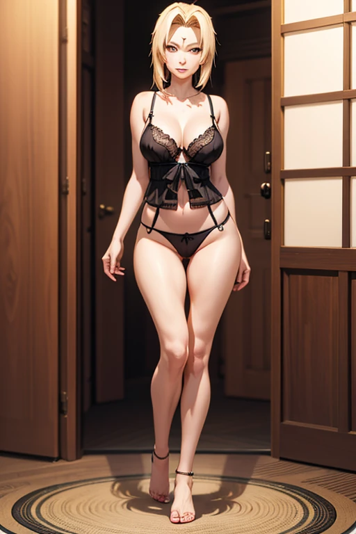 Tsunade Senju by Naruto Shippuden,   black lingerie,  in front of the viewer ,   looking forward  ,   looking at the spectator, standing,  full body,  perfect hands , perfect feet