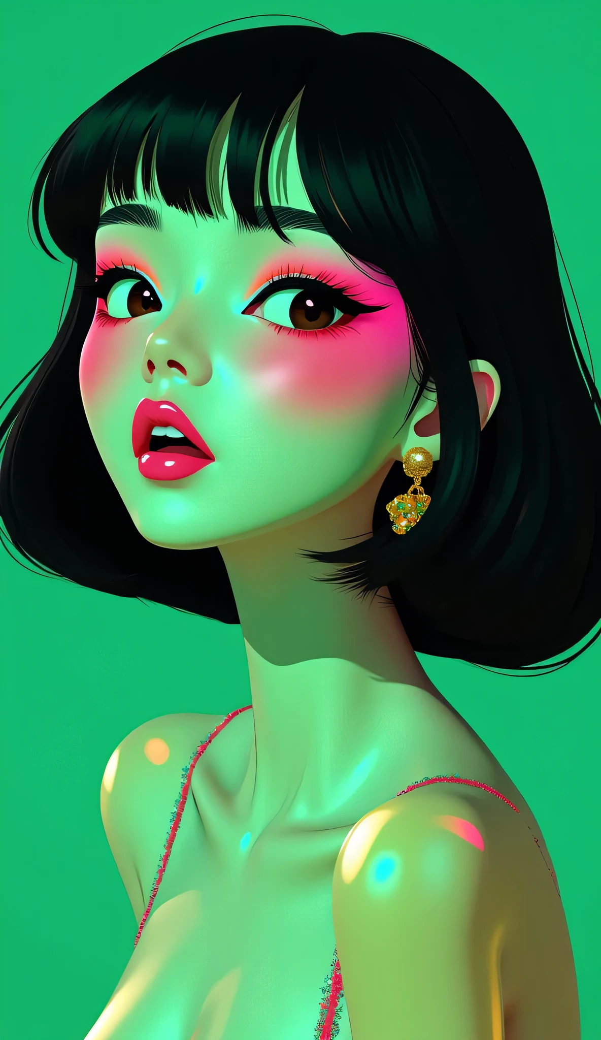 80’s glam rock makeup on shiny face, asian girl, anime, 2.5D, moody lighting, (green, pink, gold), pretty, sexy, minimal, sleek, slender, asian, elegant, futuristic, retro, sophisticated half human half machine, mouth open wide, Kizi，(eyes looking off to side), Highly detailed, Amazing work，Vitreous luster, blues, yellows, Best quality at best，shiny skin, no background, colorful background, green background, pink background, gold, background, plunging neckline, sexy pose, dynamic pose, heavy blushing, huge breasts, cleavage, full body, thigh highs, 