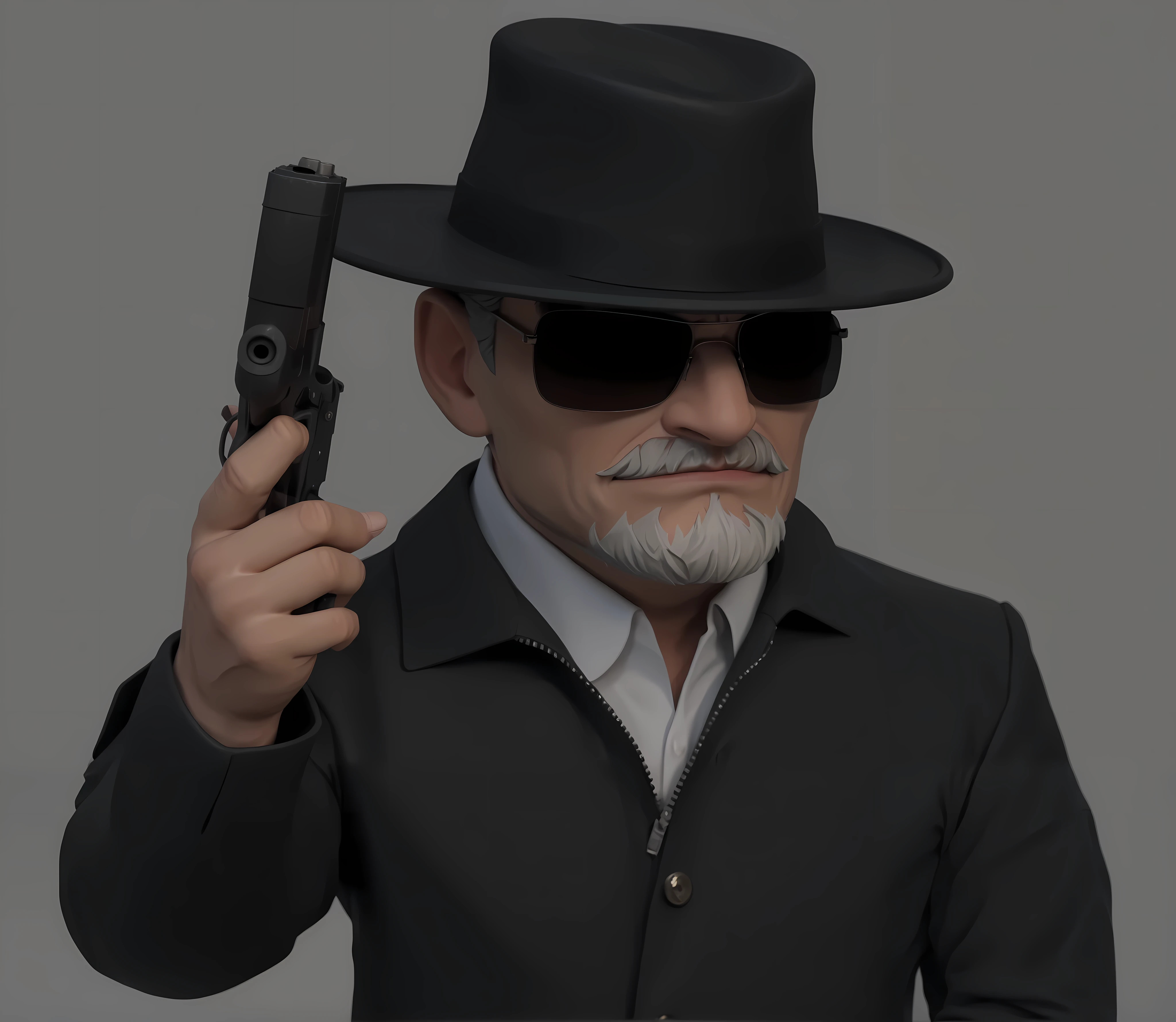  cartoon character， image of the Italian mafia boss，Mafia Boss，Wearing a wide-brimmed hat，Wearing sunglasses，White beard， wearing a white shirt ， black leather jacket ，Leather Jacket，Raise your left hand， with a handgun in your hand， serious and ferocious ，Angry and ferocious ，UE5 Rendering，3D Rendering，Cartoon shading，3D Model