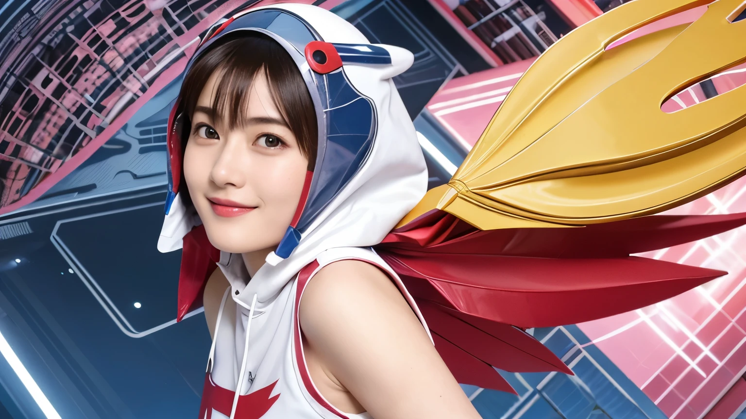 Tutu jacket, puffy long sleeves, Shorts, white footwear、
pilotsuit, grey gloves、
chuatury panlunch、look at viewr,A smile、suns、Pink hair