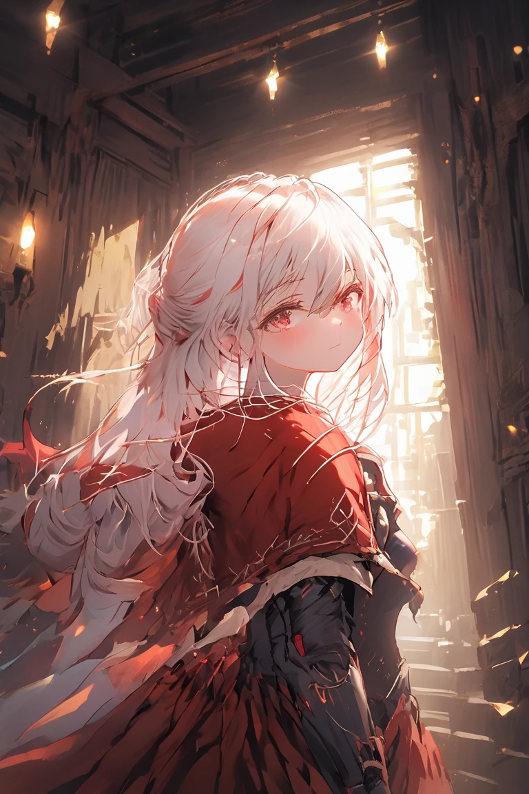 1girl, Whole body diagram, red eyes, solo, long hair, armor, white hair, closed mouth, bangs, gauntlets, hair between eyes, ((arm armor:2)), cape, red cape, dress, armored dress, standing, indoors, random lights, whisper, fractal, add_detail:2