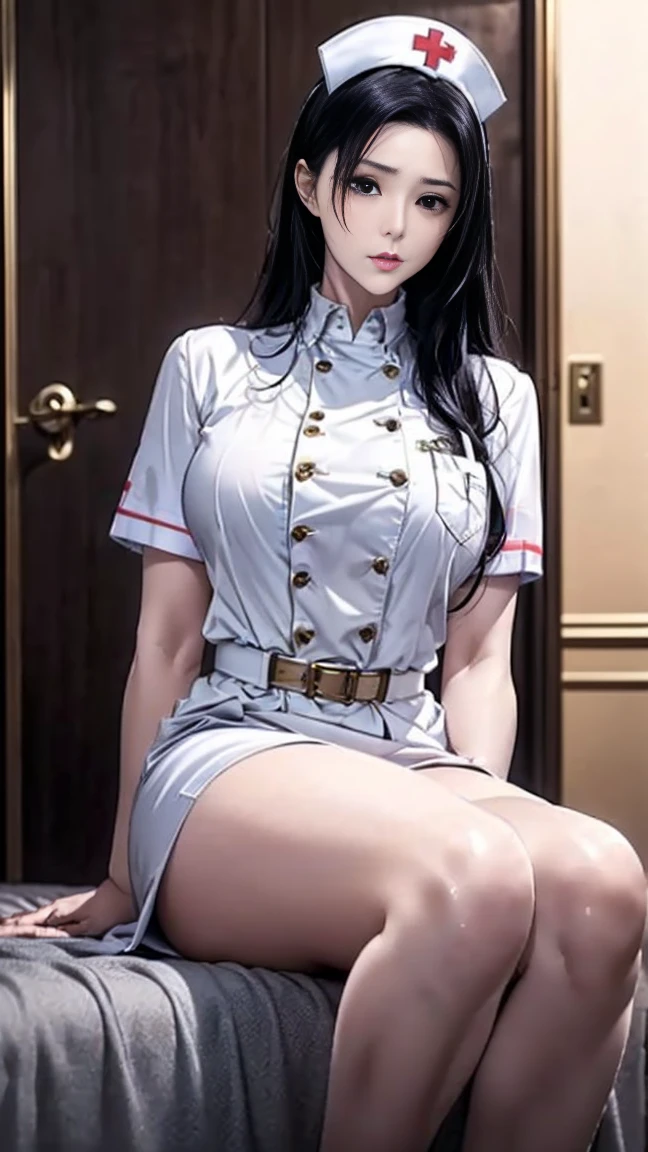 ((best qualtiy)), ((tmasterpiece)), ((Realistis)), (A detailed), (realisticlying:1.5),REX,(Yi female nurse),Bird Chart,Extremely detailed eyes and perfect face,beautiful detailed glow,Wearing a nurse's hat,long and flowing hair,Floating,(fully body photo),Panorama Figures,Full body photo,Sleeping mech nurse girl,Put on your mech combat suit,shorter pants,short skirt,White Siwa,mechasuit,Sleep in a hospital bed,The body is plugged in with a wire in the charge,There are drops in the potion bottle,Lifting needles,In the infusion,17 yr old,Wearing a medical auscultation instrument,Sexy sleeping position,Seductive pose,dynamicposes,Dynamic shots,Show off your sexy figure,Show off sexy long legs,Can't believe it's so beautiful,Alloy medical cuirass,He had a lot of bandages around his waist,Medical bandages bind wounds,She wears sexy lace nurse trousers,Wearing pink Gundam lace nurse pajamas,brown hair,Semi-mechanical pajamas,Nurse hat,black lence stockings,Sexy mecha medical machine set,Latex full body tights,Black silk big breasts,There are also a lot of medical surgical props and medicines neatly placed next to it,Huge cross medicine chest next to it,In a bed in a hospital operating room,,8K original,(Luminous Particle:1.4),(VerydetailedCG,Unity 8k壁纸,3D,cinmatic lighting,lens flare glow),Reflectors,Sharp focus,Cyberpunk art of a,Cyberpunk Building