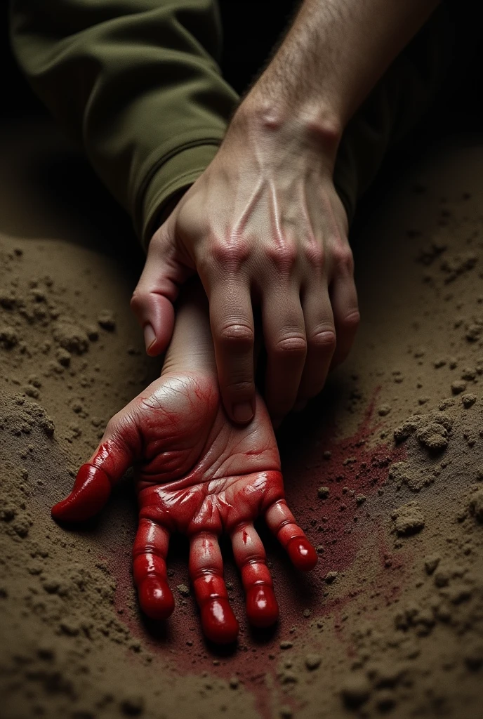 A close-up photograph of a hand with severe, ragged wounds, capturing the aftermath of a traumatic incident. The hand is covered in deep lacerations, blood seeping from the torn flesh. The lighting is harsh, casting dramatic shadows and highlighting the grisly details of the injuries. This image conveys a sense of urgency and the immediate aftermath of a catastrophic event.