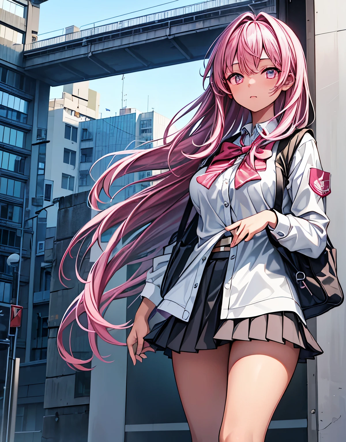 (( best quality )), ((masterpiece)), ((One young girl))dark skin, tiger pattern bikini、 school uniform、 short skirt, ponytail from below the surface, pink hair, semi-long hair ,huge boobs,, thick legs,. short,in the city