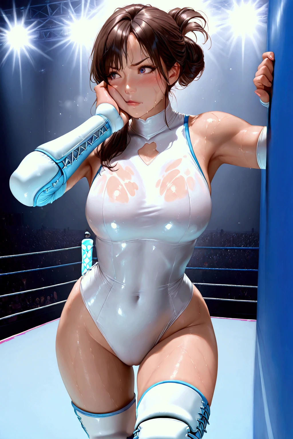 masterpiece, highest quality, (Highly detailed CG Unity 8k wallpaper), (highest quality), (Best illustrations), (Best Shadow), Confused, Realistic lighting, (abyss), Beautiful and delicate shine,victory,Random Pause,((Bare skin wet with sweat,Female professional wrestler)),Cute freckles on the cheeks,Mole under left eye,Cowboy Shot,Hair wet with sweat,Luxuriously decorated wrestling costume,pain,suffering,ring,High Kick,