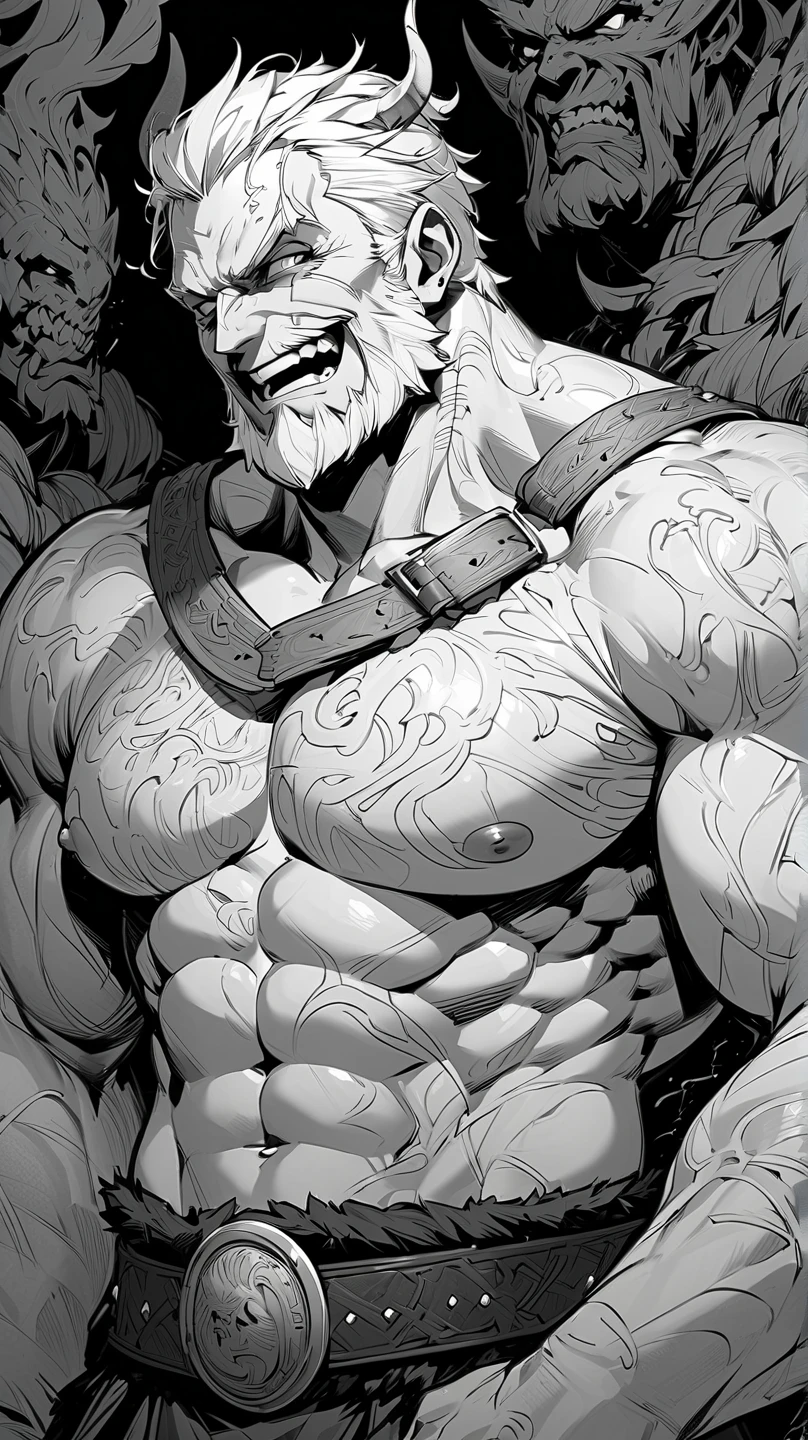 Masterpiece, top quality, anatomically correct, evil smile, open mouth smiling, detailed eyes, high contrast, detailed lines, dynamic art,, evil man face, looking at viewer, (top naked), (Viking mature man), white hair, all back hair, muscular, large body, champ belt, medieval, deeply etched wrinkles, short beard, detailed face, sharp eyes, black background, beautiful line drawing, B&W