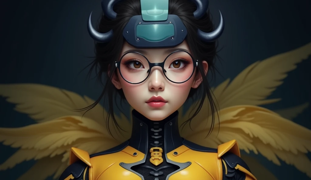 The face is of a Chinese girl wearing round glasses with black frames