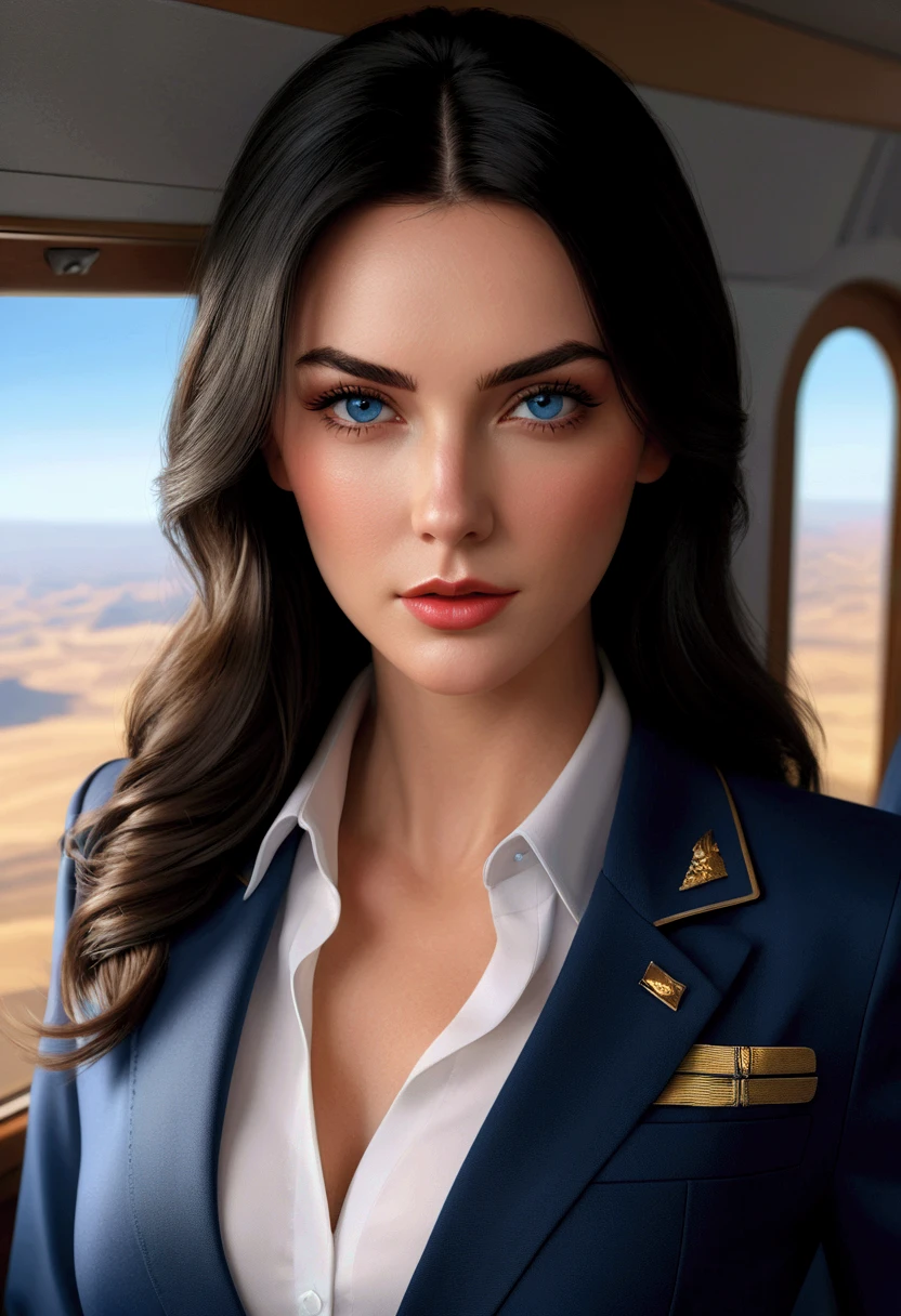 ((A highly detailed and realistic digital painting of a hyper-realistic, ultra-realistic, 8K, 12K resolution landscape, best quality, 4K, 8K, highres, masterpiece:1.2, ultra-detailed, realistic, photorealistic, photo-realistic:1.37, HDR, UHD, studio lighting, ultra-fine painting, sharp focus, physically-based rendering, extreme detail description, professional, vivid colors))、(super beautiful)、(22-year-old American woman with a face, hair, and physical features identical to those of actress Taylor Cole:1.5)、(With Intense Blue Eyes, Crimson Red Lips:1.5)、(dark black hair that flows freely around:1.5)、(Una sobrecargo americana1.5)、(extendió las piernas:1.1)、(Mostrando bragas:1.1)、(bragas blancas:1.1)、(cabin attendant uniform)、(chaqueta a medida)、(Falda mini azul marino lisa)、(cabello ondulado dorado:1.1)、 de tacones altos 、(maquillaje oscuro)、(cabina de avión:1.1)、((photorealistic, 8k, high quality, realistic, studio lighting, natural lighting, warm color tones, cinematic, dramatic))