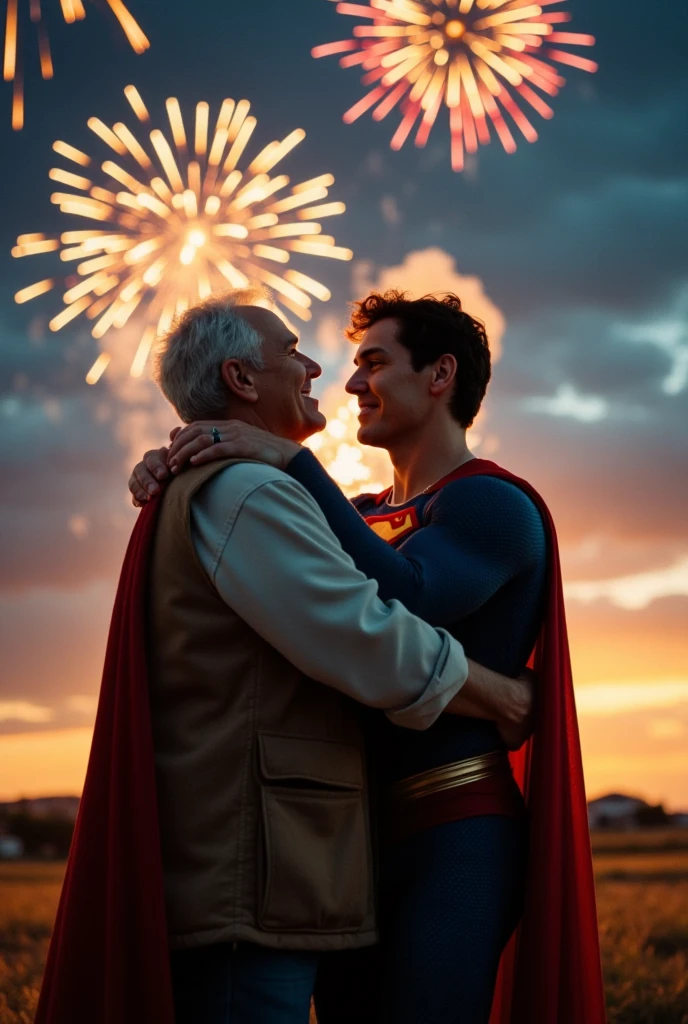 70 years-old daddy lying on superman .Jonathan very old man is superman’s father , wearing Farmer clothes. 25 years-old Superman fly in the New Year's Eve fireworks sky. daddy kiss superman. 