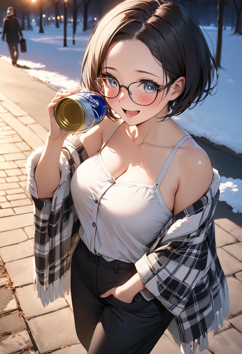 Irohaisshiki, isshiki iroha, Short Hair, Brown Hair, (Brown eyes:1.5), blush,ponytail,Squint both eyes,blush,Black-rimmed glasses,
happy smile, smile, Open your mouth,Cold Shoulder Shirt,Short sleeve skinny jeans,Stiletto heels,Daytime,Clear skies,Are standing,Put your right hand on your hip,whole bodyがイラストに入るように,Looking up from bottom to top,
break outdoors, School,courtyard,
break looking at viewer,whole body,
break (masterpiece:1.2), Highest quality, High resolution, unity 8k wallpaper, (figure:0.8), (Beautiful attention to detail:1.6), Highly detailed face, Perfect lighting, Highly detailed CG, (Perfect hands, Perfect Anatomy),