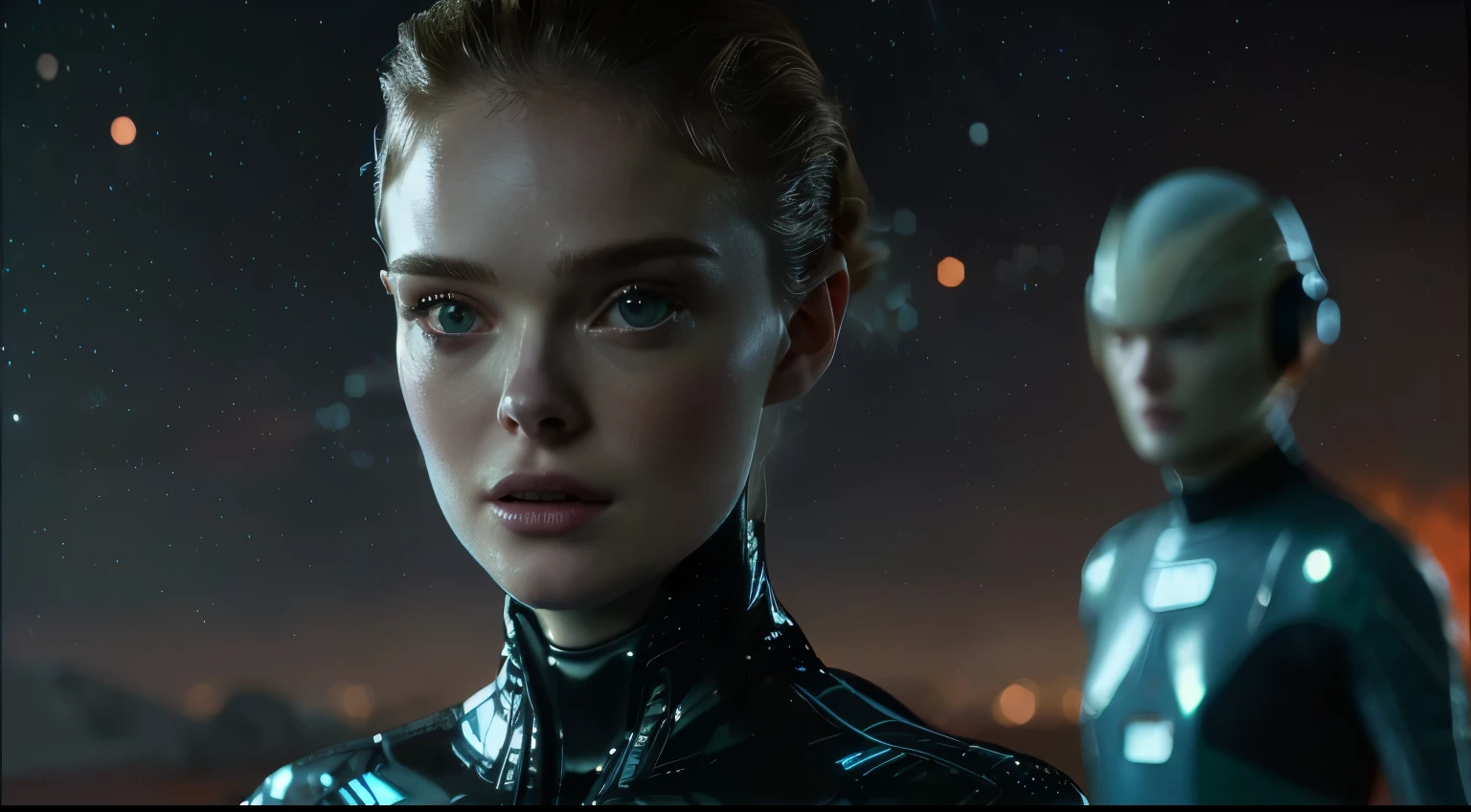 a close up of a woman in a wet suit and a man in a suit, depicted as a scifi scene, in a scifi movie, elle fanning as an android, eve online movie still, from a 2 0 1 9 sci fi 8 k movie, an epic scifi movie still, sci-fi cinematic movie still, epic scifi movie still, natalie portman in star trek, a hyper realistic image