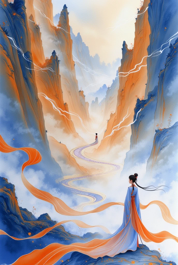 ( masterpiece,  best quality :1.2), 1 Girl,  unique ，  Distant Backdrop  ，  With Your Back to the Audience ，Hanfu，  Ribbon Floating in the Air  ， Fluttering Ribbon ，Strong wind，Blowsleeve  ， Blue and Orange ， minimalism ，Hand-drawn，artistic conception high mountain，canyon， Long Road ， Smooth Lines ，  Gold Plated Line  ，ink，bloom，artistic conception