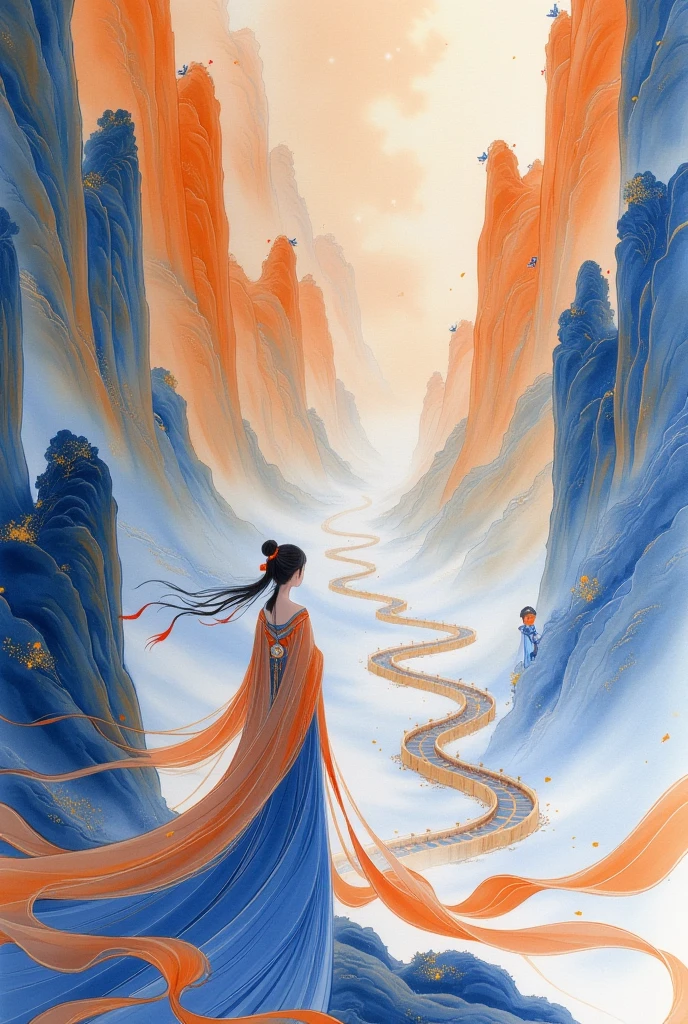 ( masterpiece,  best quality :1.2), 1 Girl,  unique ，  Distant Backdrop  ，  With Your Back to the Audience ，Hanfu，  Ribbon Floating in the Air  ， Fluttering Ribbon ，Strong wind，Blowsleeve  ， Blue and Orange ， minimalism ，Hand-drawn，artistic conception high mountain，canyon， Long Road ， Smooth Lines ，  Gold Plated Line  ，ink，bloom，artistic conception