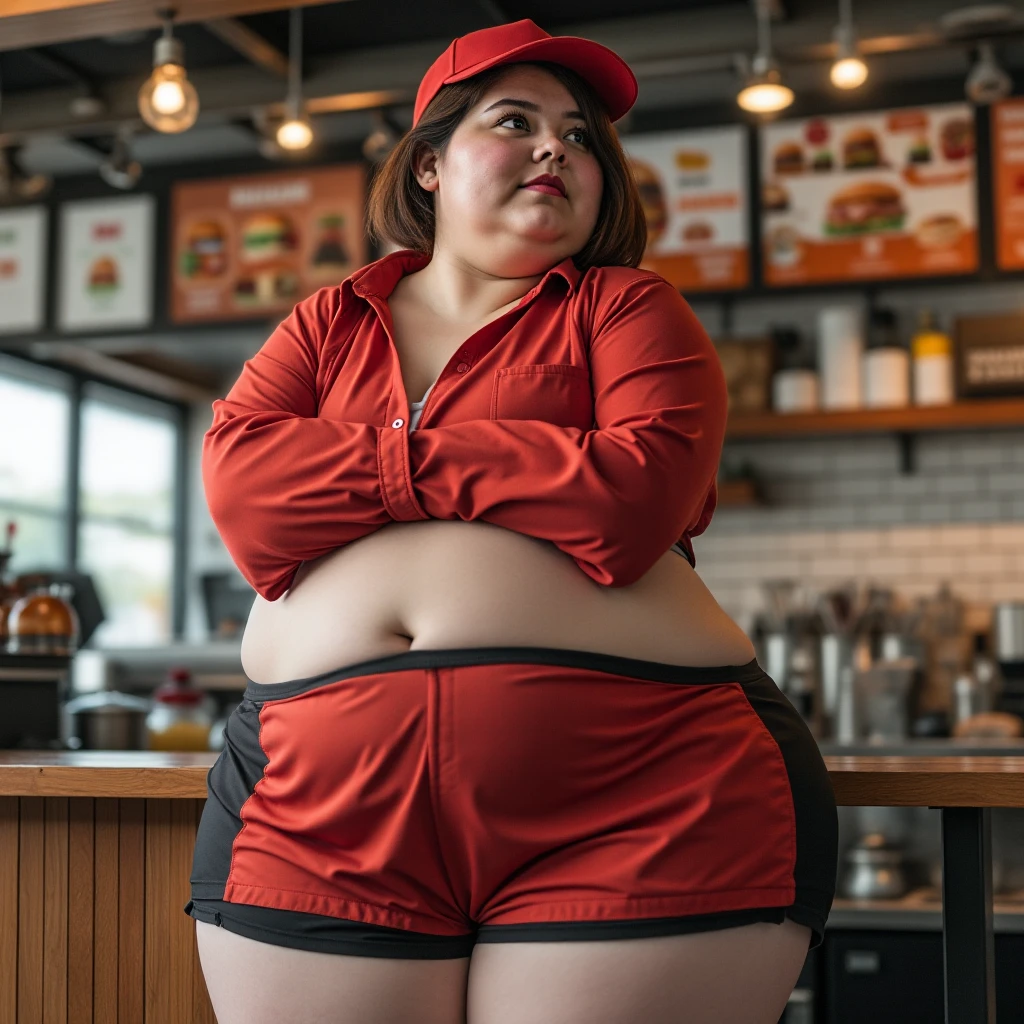 a very overweight and obese girl in a red bikini sitting in a kitchen in front of a table eating various fast foods, hot dogs and oily, high-fat foods, her mouth and body covered in ketchup and mustard, an image showing the complex situation of obesity in a person's life, the girl compulsively eating, 4k, photo-realistic, detailed, hyperrealistic, dramatic lighting, cinematic composition, gritty, grunge, highly detailed