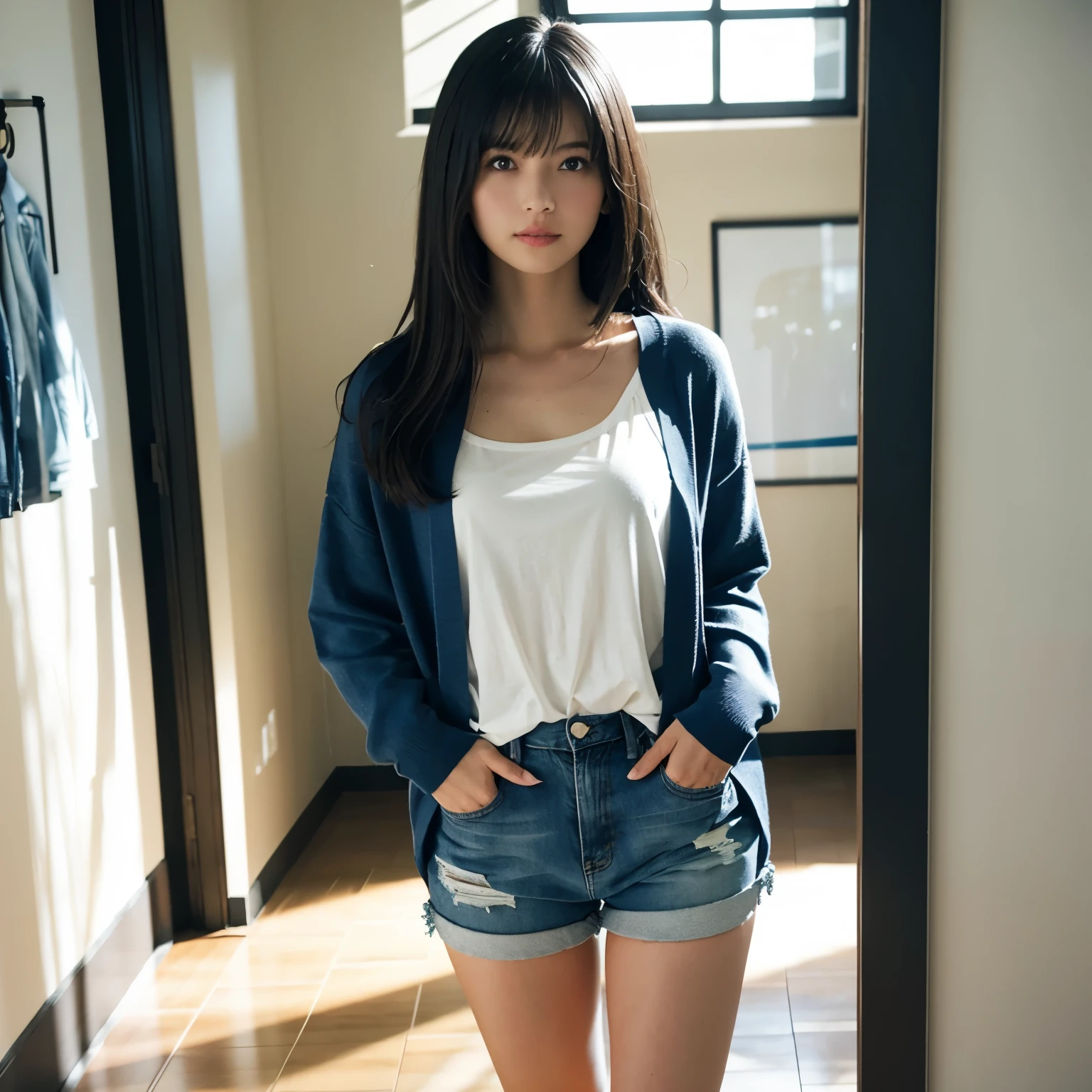  Long blue cardigan ,  white tank top ,  denim shorts,  thighs, Bright office hallway with sunlight,  glass partition , window,  sunshine, Facing the front while walking down the hallway ,  angle looking up from your feet, Hair that swings as you move ,  A light, fresh, and professional impression,  girl, busty,  black hair,  straight hair,  with bangs, 's greatest masterpiece,  professional lighting, Lighting from the front, reflex version