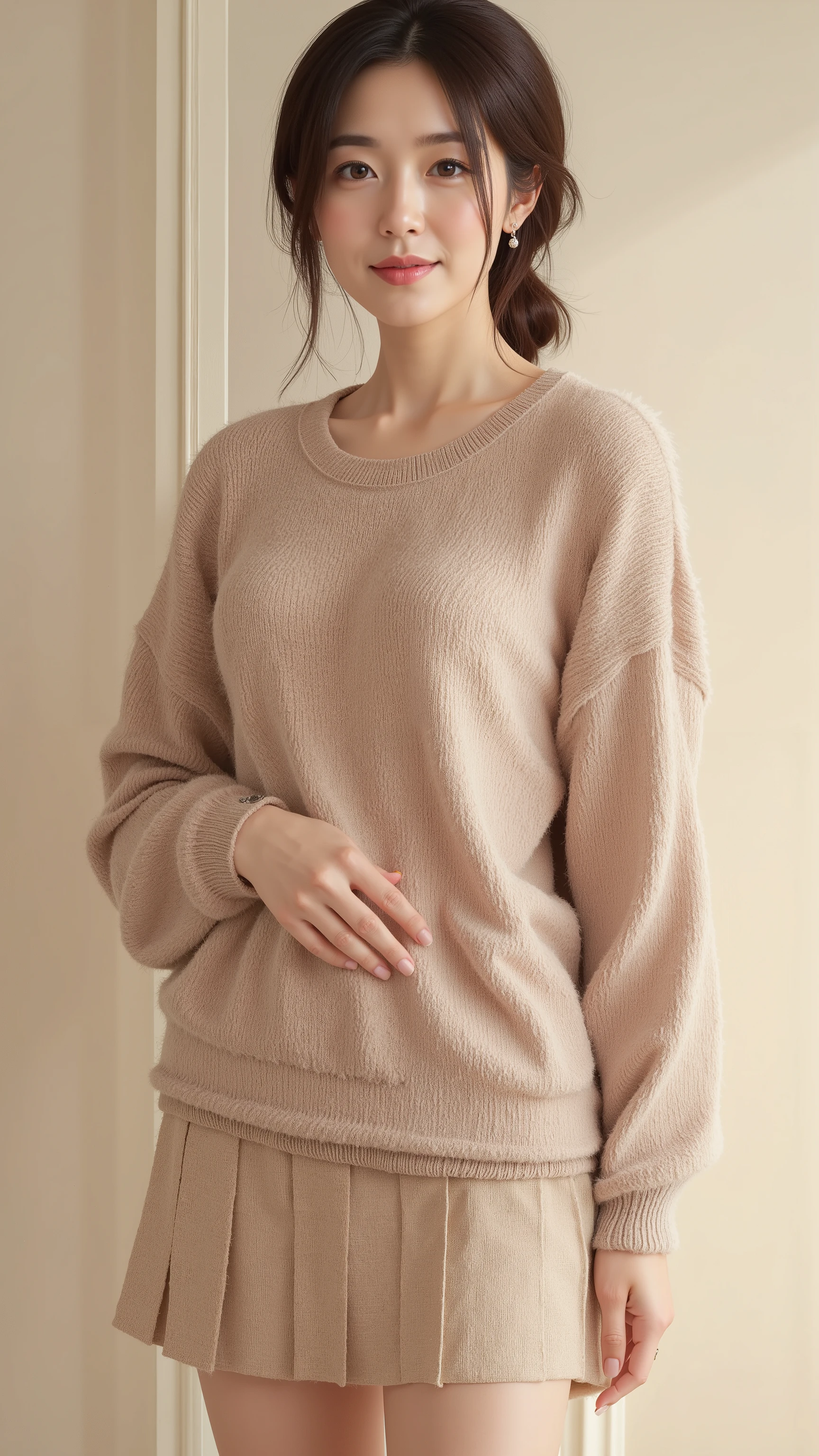 masterpiece, Best Quality, 8K, 1girl, 16 yo, Large breasts, Raw photo, Professional Photography, Portrait, Soft light, Professional Lighting, Solo, Full body, sofa, relax, Calm, Smile, Cute, Girly, Goddess, Delicate girl, Neat and clean beauty, Digital SLR, Looking away, Candid, Sophisticated, Film grain, (Eyes and faces with detailed:1.0), Short hair, sweatshirt, Sweatpants, living room,
