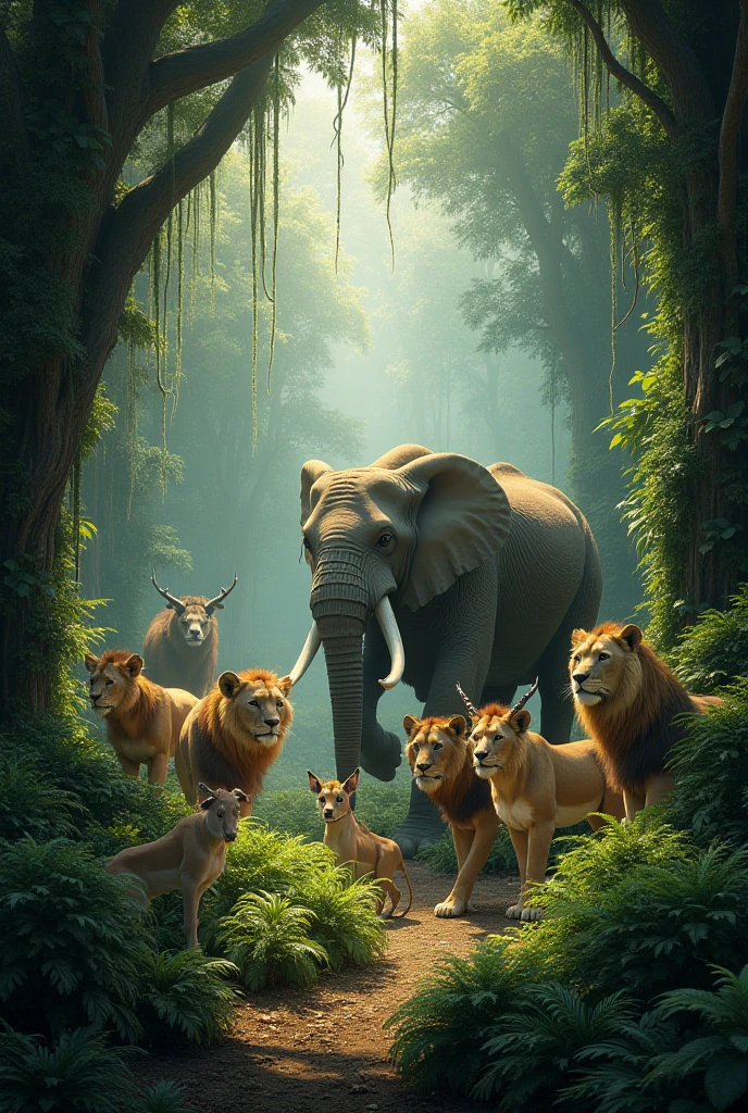 Adam and Eve in the Garden of Eden, rodeado de animales y plantas de todo el mundo. Adam and Eve are shown standing in the center of the image., frente a Dios. God is standing over them, with His hands lifted up in blessing. Around Adam and Eve there are a variety of animals, incluyendo leones, tigres, Osos, Elefantes, Jirafas, birds, y pescado. There are also a variety of plants, including trees, flores, y frutas. The overall mood of the painting is one of peace, abundancia, and harmony.