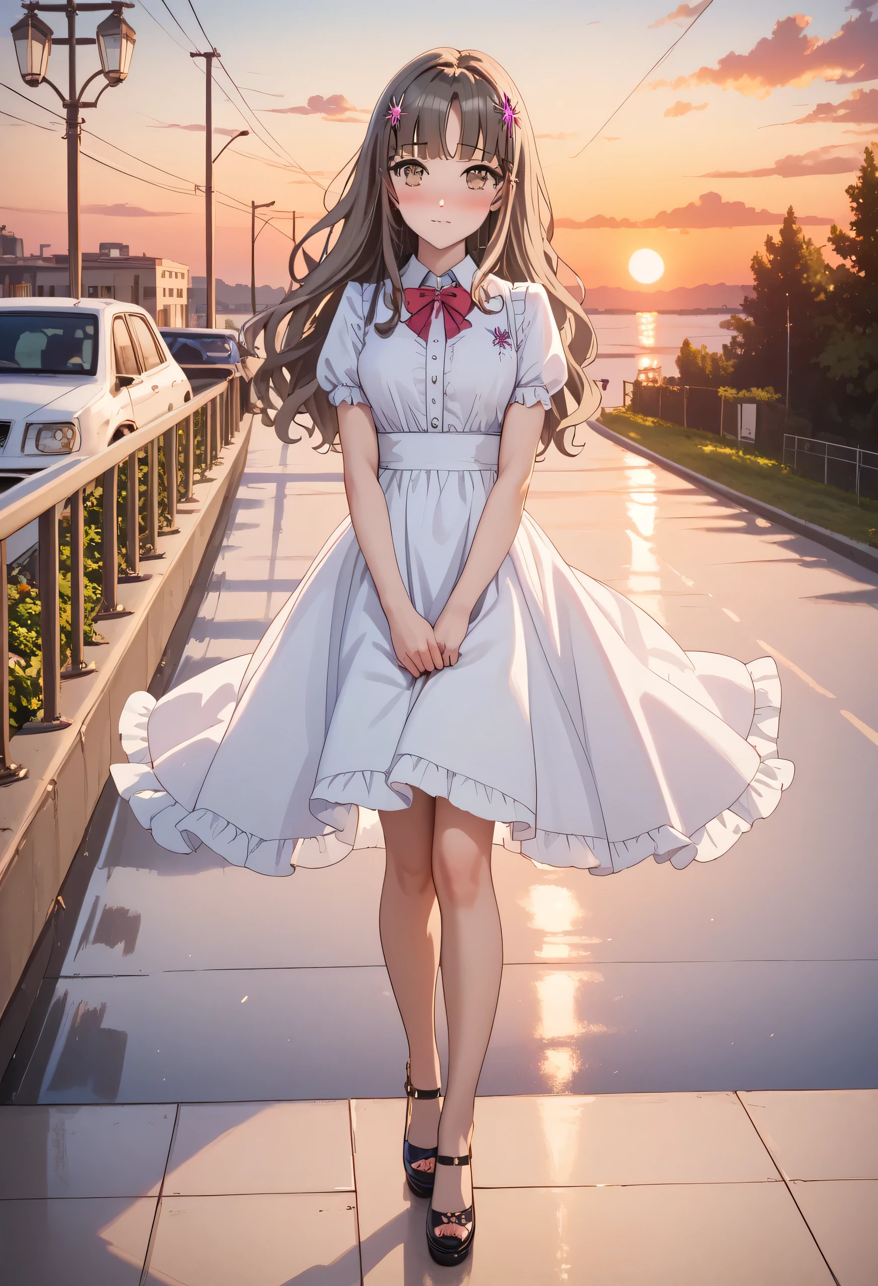 (blushed red,cute,shy,looking at viewer,beautiful pose,full body,perfect eyes,brown eyes,masterpiece,Suburban,twilight,sunset,perfect background,simple background,highres) A cute girl rio futaba stands in a Suburban setting, with the twilight sky creating a beautiful sunset backdrop. Her cheeks are blushed red, showcasing her shyness and innocence. With a cute pose, she looks directly at the viewer with her perfect, captivating eyes. The entire scene is meticulously detailed, with every aspect of her being a true masterpiece. The artwork is of the highest quality, with ultra-detailed elements and a photorealistic style. The composition is focused on the girl, placed in a simple yet perfect background that enhances the overall aesthetics. The high-resolution image allows for every detail to be seen clearly, ensuring a visually stunning experience.