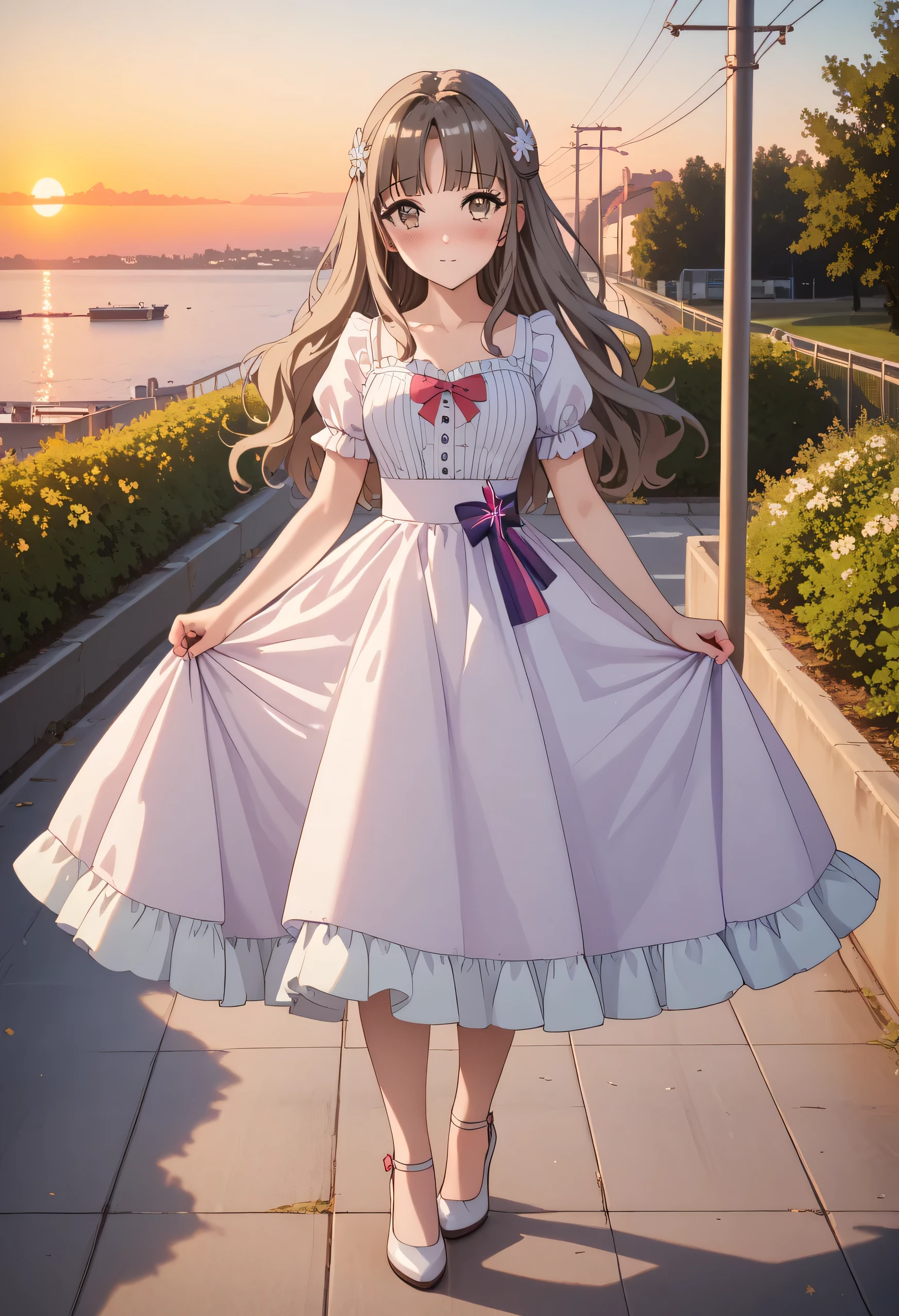 (blushed red,cute,shy,looking at viewer,beautiful pose,full body,perfect eyes,brown eyes,masterpiece,Suburban,twilight,sunset,perfect background,simple background,highres) A cute girl rio futaba stands in a Suburban setting, with the twilight sky creating a beautiful sunset backdrop. Her cheeks are blushed red, showcasing her shyness and innocence. With a cute pose, she looks directly at the viewer with her perfect, captivating eyes. The entire scene is meticulously detailed, with every aspect of her being a true masterpiece. The artwork is of the highest quality, with ultra-detailed elements and a photorealistic style. The composition is focused on the girl, placed in a simple yet perfect background that enhances the overall aesthetics. The high-resolution image allows for every detail to be seen clearly, ensuring a visually stunning experience.