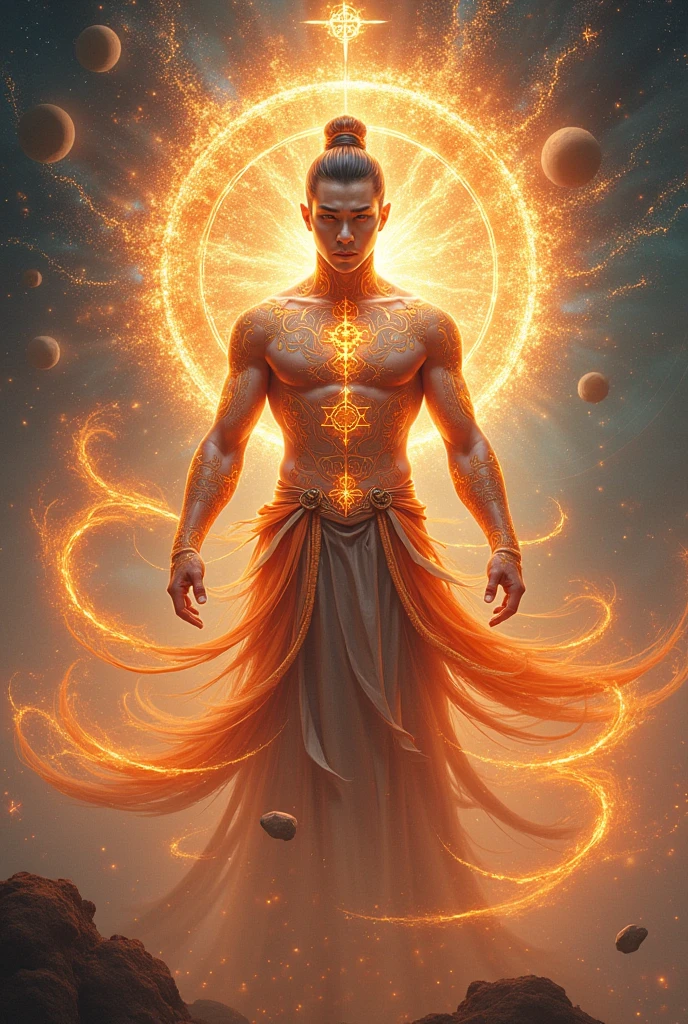 Create a visionary art image with a monk, a portal, chakras and the human body