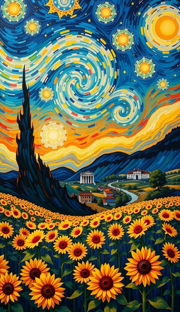 This artwork is a striking and highly stylized landscape painting that takes strong inspiration from Vincent van Gogh's expressive brushwork and swirling style, particularly reminiscent of "The Starry Night" and his sunflower paintings. It's not a direct copy but a creative reinterpretation, blending his characteristic style with a different landscape. The style is firmly Post-Impressionist.

Here's a breakdown of its artistic elements:

Subject Matter: The painting depicts a field of sunflowers at sunset, under a dramatically swirling sky filled with luminous stars and clouds. Rolling hills are visible in the distance.
Composition: The composition is dynamic and engaging. The swirling sky dominates the upper two-thirds of the canvas, creating a sense of movement and energy. The sunflower field in the foreground provides a sense of scale and grounding, contrasting with the dynamism of the sky. The hills in the distance add depth to the scene.
Color Palette: The color palette is rich and vibrant, with warm oranges, yellows, and reds dominating the sunset sky and reflecting in the sunflower field. Cooler blues, purples, and greens are also present in the sky and clouds, creating a lively and vibrant effect. The colors are not photorealistic but are used expressively to convey the energy and emotion of the scene.
Style and Technique: The style is highly expressive and impasto. The technique directly emulates Van Gogh's characteristic thick, visible brushstrokes, creating a textural quality. The swirling brushstrokes are particularly reminiscent of "The Starry Night," but applied to a sunset landscape with a field of sunflowers. The style is not photorealistic but aims to capture the feeling and emotion of the scene, emphasizing the energy and vibrancy of the colors and the movement of the clouds.
Mood and Atmosphere: The mood is energetic, vibrant, and dreamlike. The artwork evokes feelings of warmth, wonder, and the beauty of nature. The bright colors and swirling bru