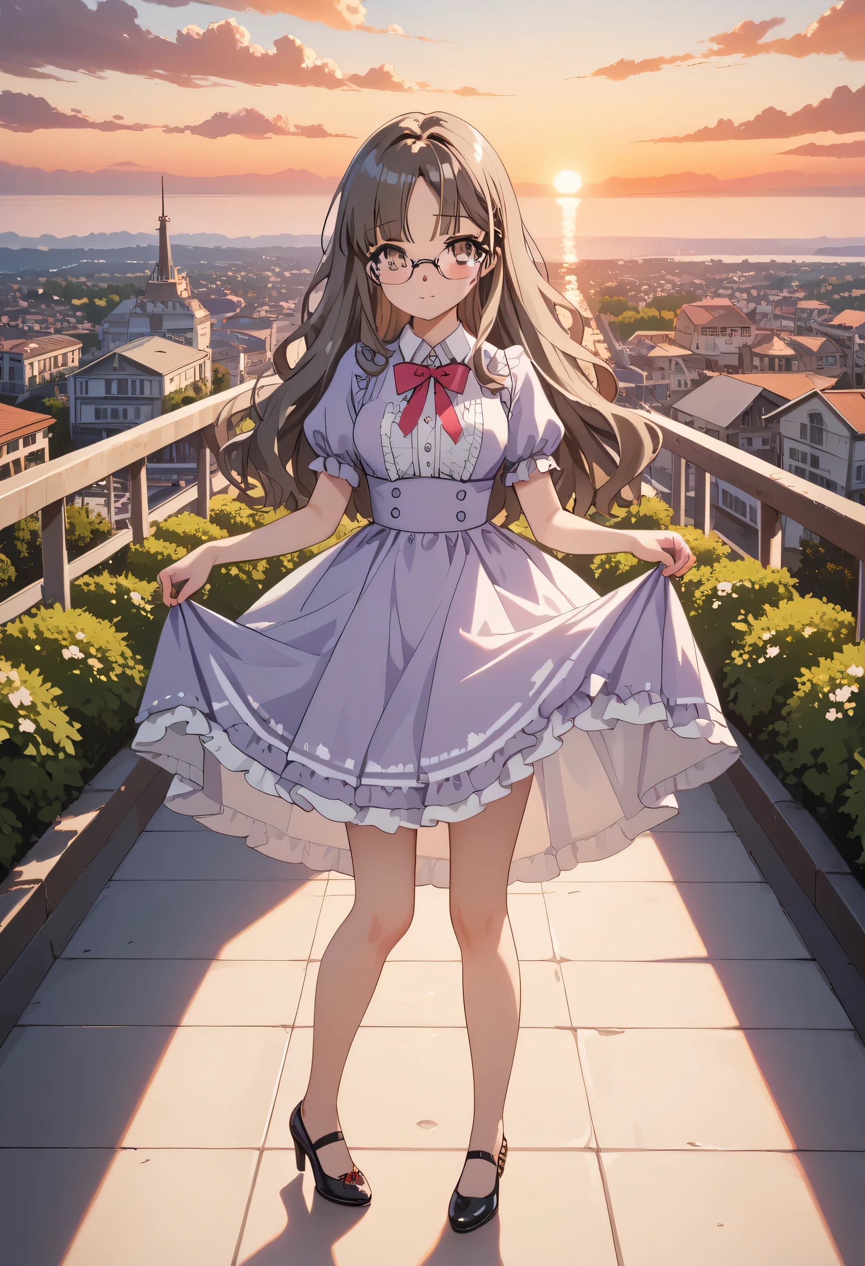 (blushed red,cute,shy,looking at viewer,beautiful pose,full body,perfect eyes,brown eyes,glasses,masterpiece,Suburban,twilight,sunset,perfect background,simple background,highres) A cute girl rio futaba stands in a Suburban setting, with the twilight sky creating a beautiful sunset backdrop. Her cheeks are blushed red, showcasing her shyness and innocence. With a cute pose, she looks directly at the viewer with her perfect, captivating eyes. The entire scene is meticulously detailed, with every aspect of her being a true masterpiece. The artwork is of the highest quality, with ultra-detailed elements and a photorealistic style. The composition is focused on the girl, placed in a simple yet perfect background that enhances the overall aesthetics. The high-resolution image allows for every detail to be seen clearly, ensuring a visually stunning experience.