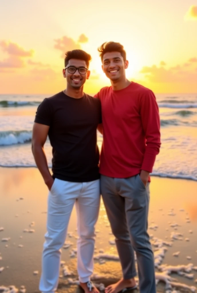 A sexy indian man with his boyfriend, on a vacation to Goa beach , handsome face, gorgeous hair, (romantic), sitting #(penis), detailed face, perfect,sharp focus , cinematic lighting masterpiece detailed, ultra HD 16k resolution