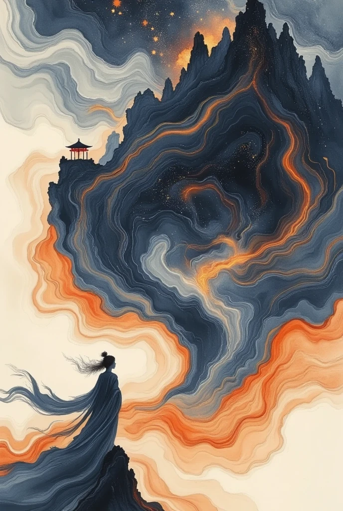  A beautiful woman standing on a cliff looking up at the stars, （ Exquisite silhouette）， surrounded by a vortex of cosmic energy ， shrouded in a fantastic mist 。Figure in a flowing robe .，Elegant，Light， merging with the flow of heaven and earth 。 The sky is dark purple and blue tapestry ，星Light点缀， The landscape below suggests soft 、Rolling mountains，星Light灿烂,  fantastic numbers , Ethereal精华, Unreal fantasy,  ethereal beauty ,  digital art fantasy , beautiful fantasy painting,  exquisite fantasy art , Stunning fantasy art, Inspired by  Cyril Rolando  ( Cyril Rolando ),  fantasy art style ,  gently swirling magical energy ,  fantasy numbers ,  fantasy numbers 艺术, Ethereal, of Unreal fantasy，Artistic Beauty ，Gold Thread。Tracking Gold。
