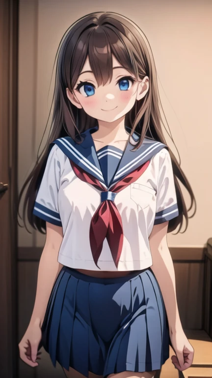  a girl, Alone, smile, brown hair, long hair ,  sailor unfiorm, 