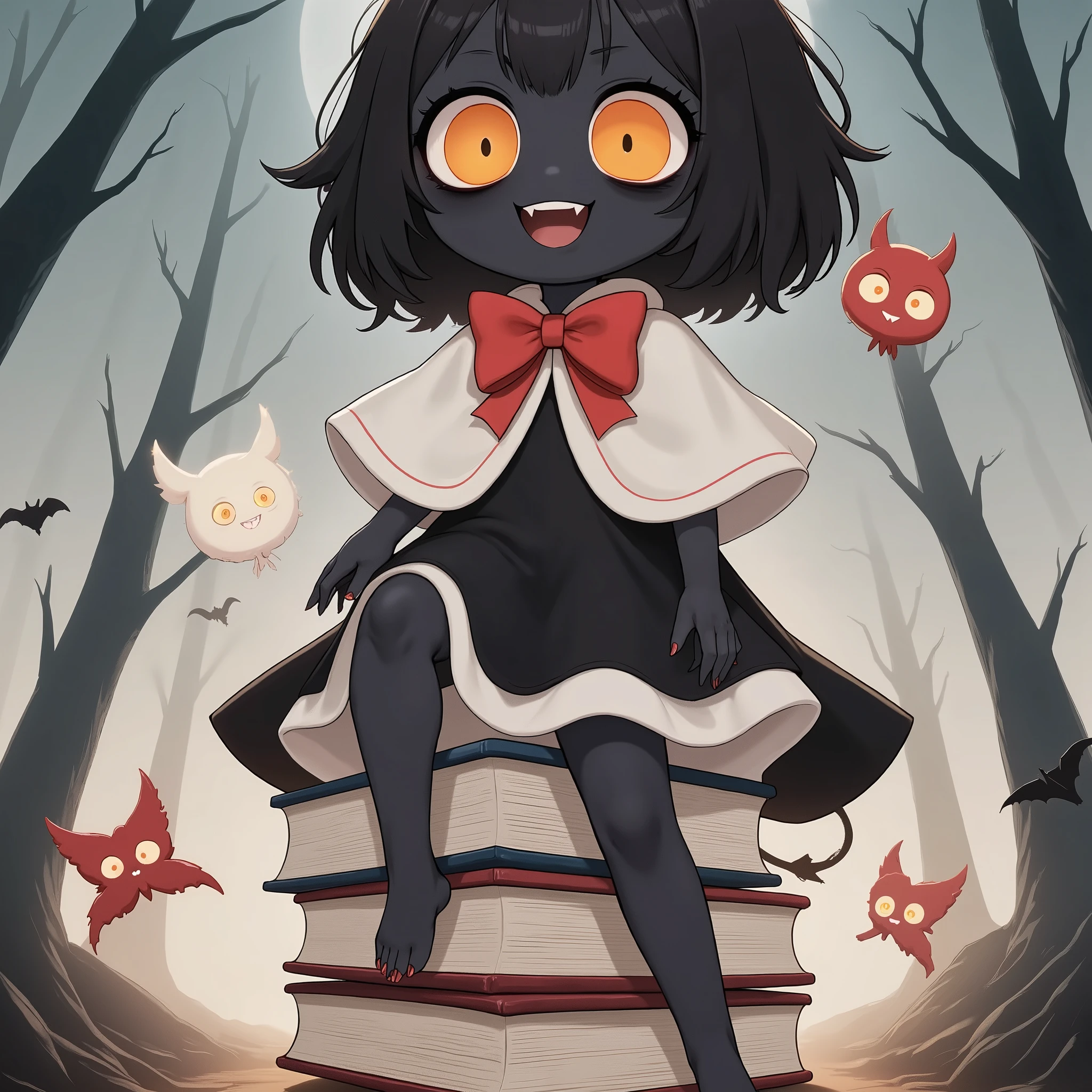 papercut style, whimsical layered paper design, books stacked as if crafted from cut-out paper, character\((dark-skinned devil girl, big glowing orange eyes, small fangs, short black hair with bangs, two red horns, red ribbon on hair, wearing a white cape with a red bow, black gothic dress with layered frills)\), full body, with soft pastel colors and paper-textured wings,sit on pile of books, clouds and moon rendered with fine paper edges, glowing lanterns and delicate butterflies, dreamlike atmosphere, intricate cut-out details, soft and playful aesthetic
