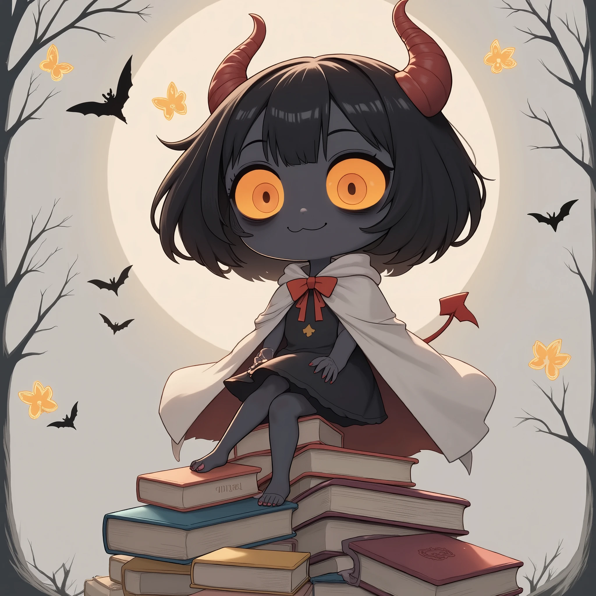 papercut style, whimsical layered paper design, books stacked as if crafted from cut-out paper, character\((dark-skinned devil girl, big glowing orange eyes, small fangs, short black hair with bangs, two red horns, red ribbon on hair, wearing a white cape with a red bow, black gothic dress with layered frills)\), full body, with soft pastel colors and paper-textured wings,sit on pile of books, clouds and moon rendered with fine paper edges, glowing lanterns and delicate butterflies, dreamlike atmosphere, intricate cut-out details, soft and playful aesthetic
