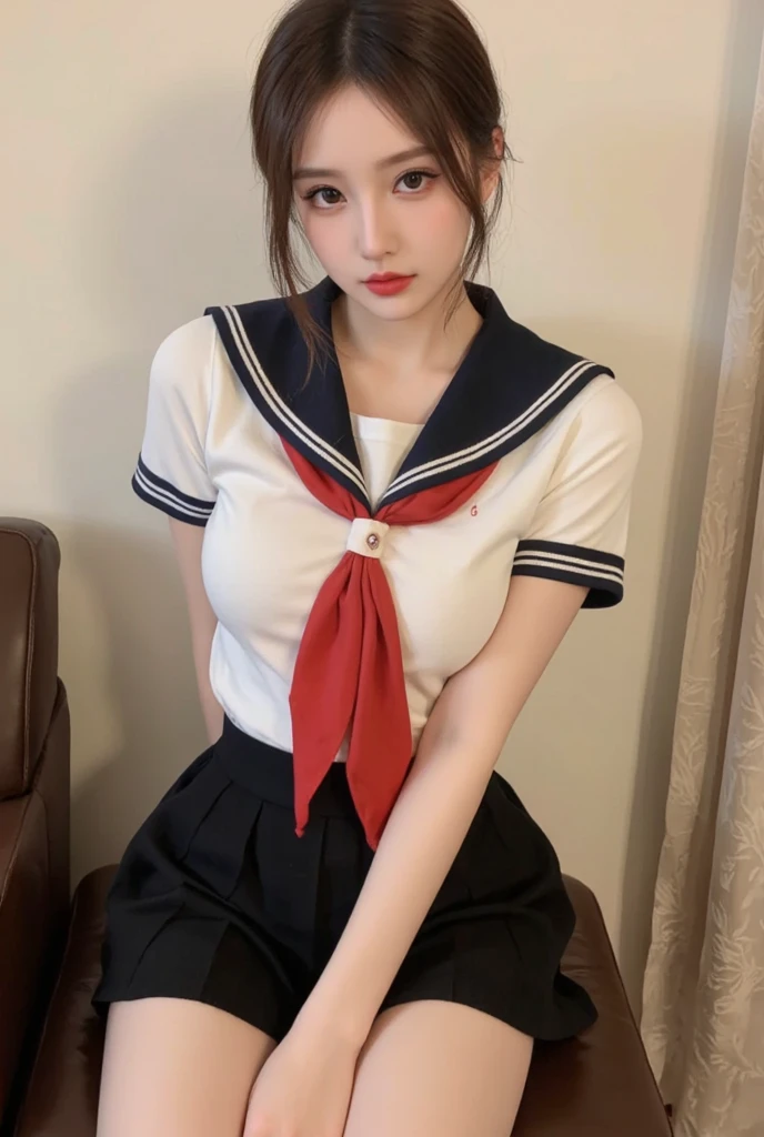 {{{ clear white skin }}}、{{{Small face}}}、{{{Small face}}}、{{{Whitening}}}、{{{Fair skin}}}、round face、 big eyes、Double eyelids、 big eyes、 eyes are black、Droopy eyes、 eyes are droopy、 has lowered the outer corner of her eye、Many eyelashes、Eyelashes are bristly、 lipstick is clear、 plump body、 perfect body、Perfect curves、 high school girl、 sailor suit、White summer clothes、The collar is black 、 white three lines 、 red scarf length is short、 sailor suitの丈は短い、Pleated skirt、 the pleats are narrow 、 black skirt、 length short skirt 、 miniskirt 、Beautiful breasts、Big Breasts、 huge breasts 、超Big Breasts、 Slim waist、 long foot、slouch、Heavy makeup、 hair is brown 、 short bob with sisters、With bangs、Beautiful breasts、Big Breasts、 huge breasts 、超Big Breasts、 penis、Extra large breasts、Short torso、The torso is short、 Slim waist、 small ass、 thin legs 、 long foot、