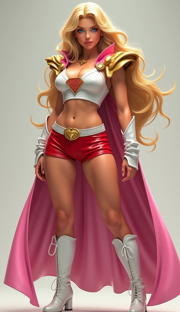 A SEXY LARGE BREASTED YOUNG BLONDE SHE RA WITH BLUE EYES WEARING A WHITE V SHE-RA BLOUSE WITH A SHE-RA EMBLEM ON THE HER CHEST, SHE-RA TIARA, A PAIR OF RED LEATHER SHORTS WITH A WHITE LEATHER BELT, TALL WHITE HEELED BOOTS, AND A LONG PINK CAPE. PHOTO REALISTIC, HYPER DETAILED AND TEXTURES
